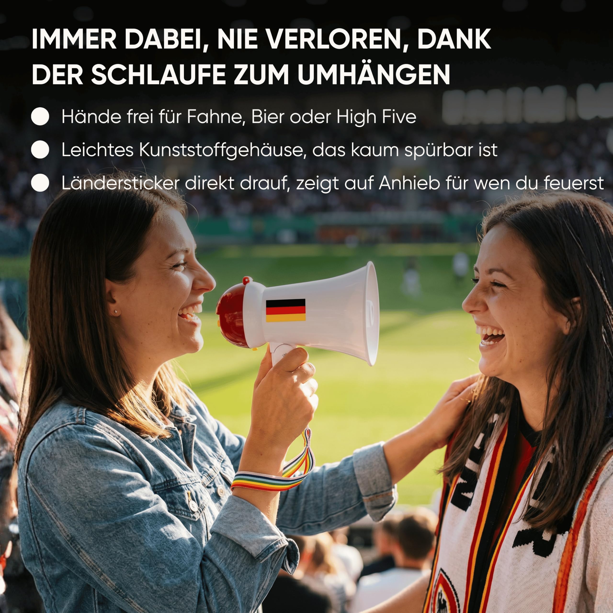 Sonia Originelli Megafon Fan Tröte mit Lautsprecher - Megaphon zum Anfeuern mit Schlaufe für das Handgelenk & Ländersticker WM Fußball