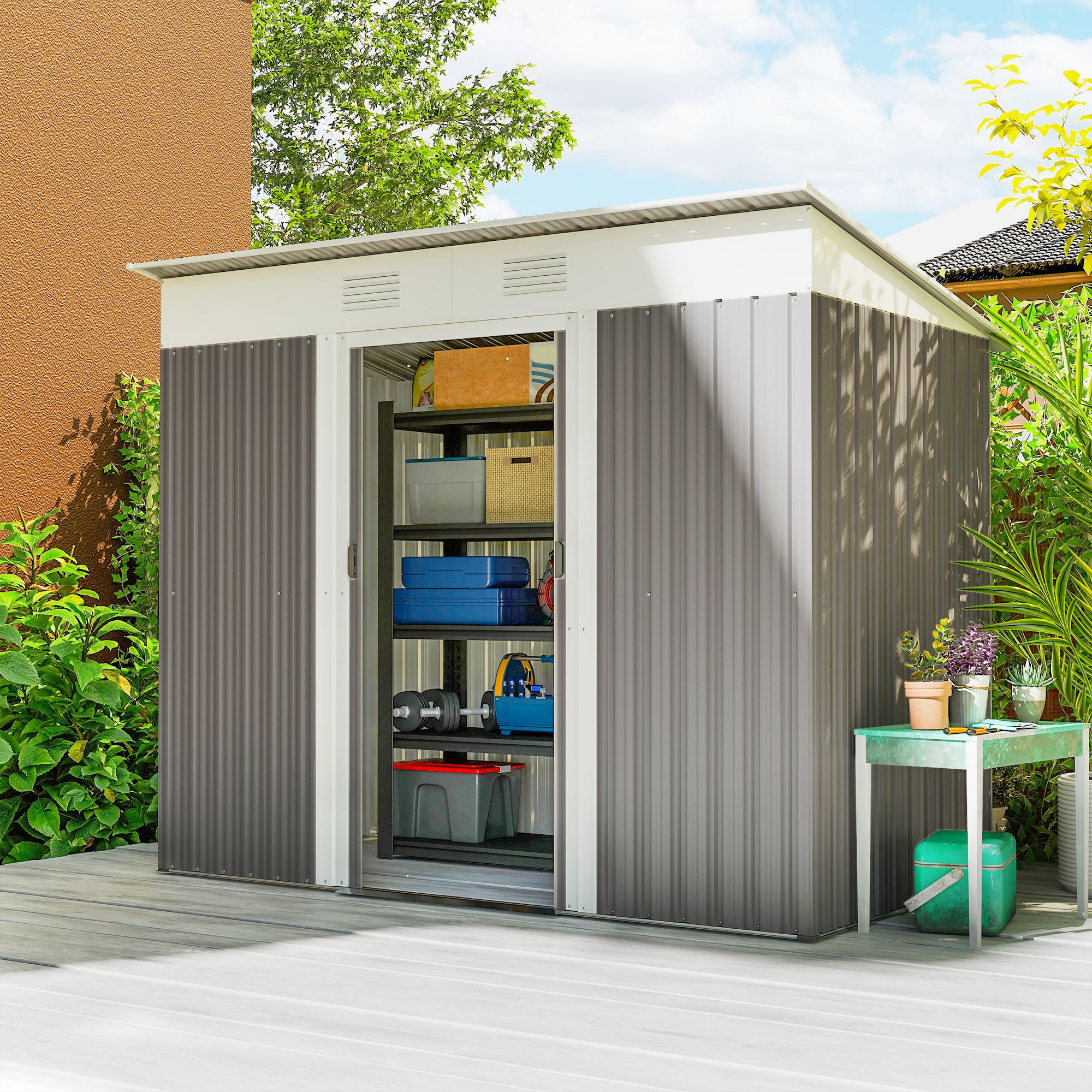Outsunny 7' x 4' Outdoor Storage Shed, Metal Garden Tool Storage House Organizer with Lockable Sliding Doors and Vents for Backyard Patio Lawn, Charcoal Grey — view 15