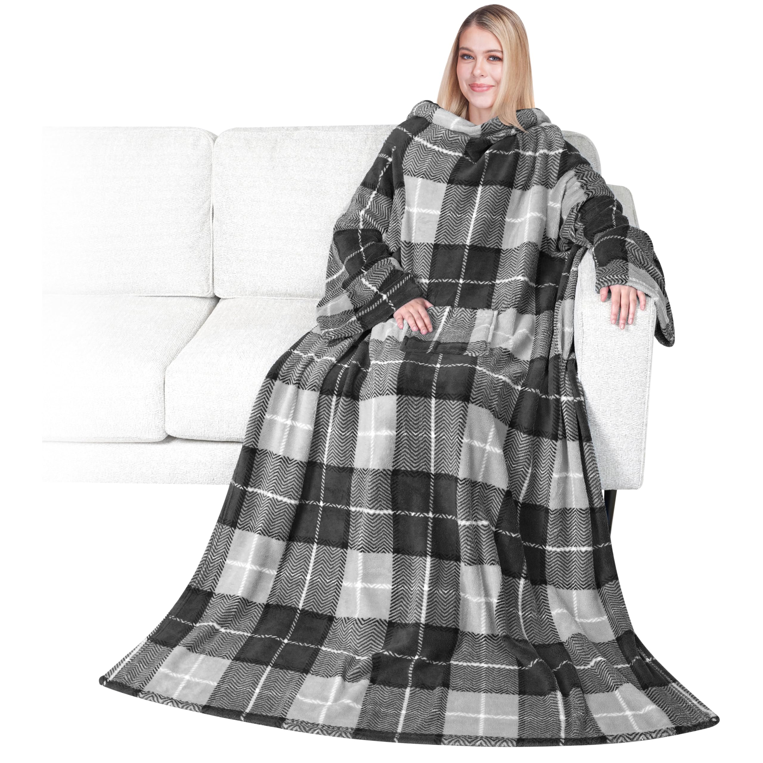AONELAS PAVILIA Premium Fleece Blanket with Sleeves for Women, Men, Adult | Warm, Cozy, Extra Soft, Microplush, Functional, Lightweight Wearable Throw (Plaid Charcoal, Regular Pocket)
