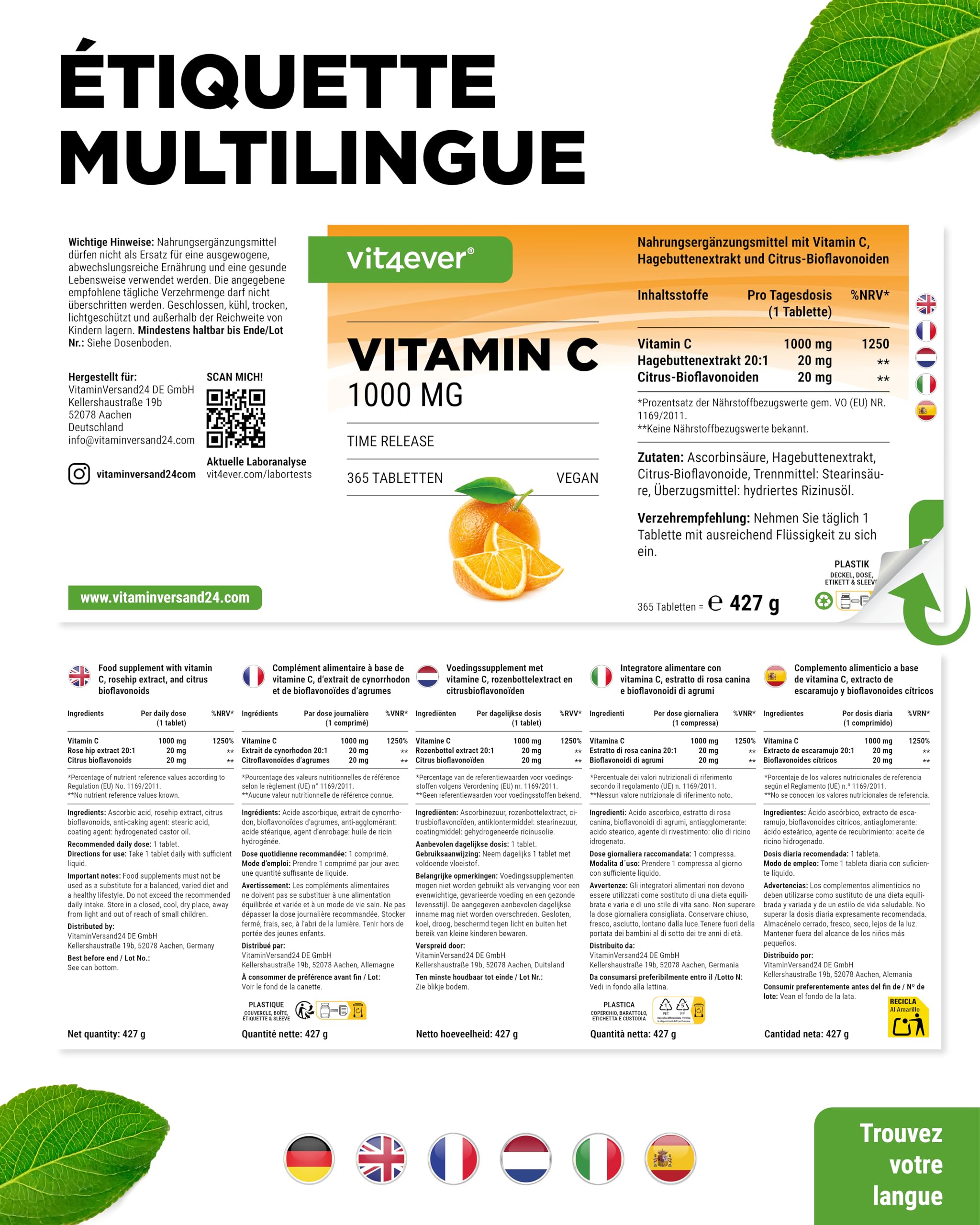 Vitamine C 1000 mg - 365 Comprimés - Format 12 Mois - Time Released Effekt - Comprimé avec Vitamine C + Extrait de Cynorhodon + Bioflavonoïdes d’Agrumes - Végétalien
