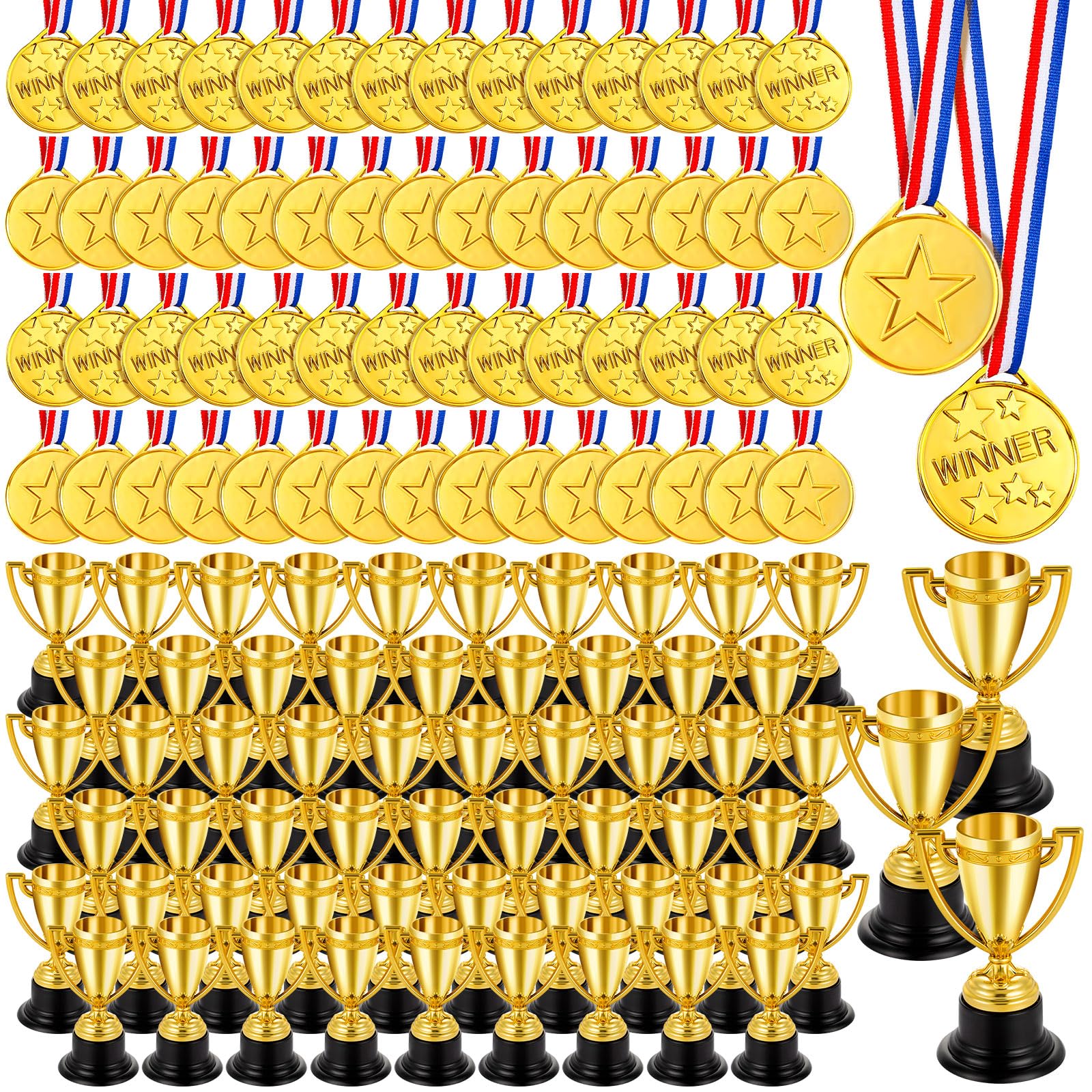 Mini-Trophäen und Medaillen für Kinder – Gold-Preistassen und Sportmedaillen-Set – leichter Kunststoff, Preistrophäen für Turnier, Klassenzimmer-Belohnungen, lustiges Laufrennen, Partyzubehör