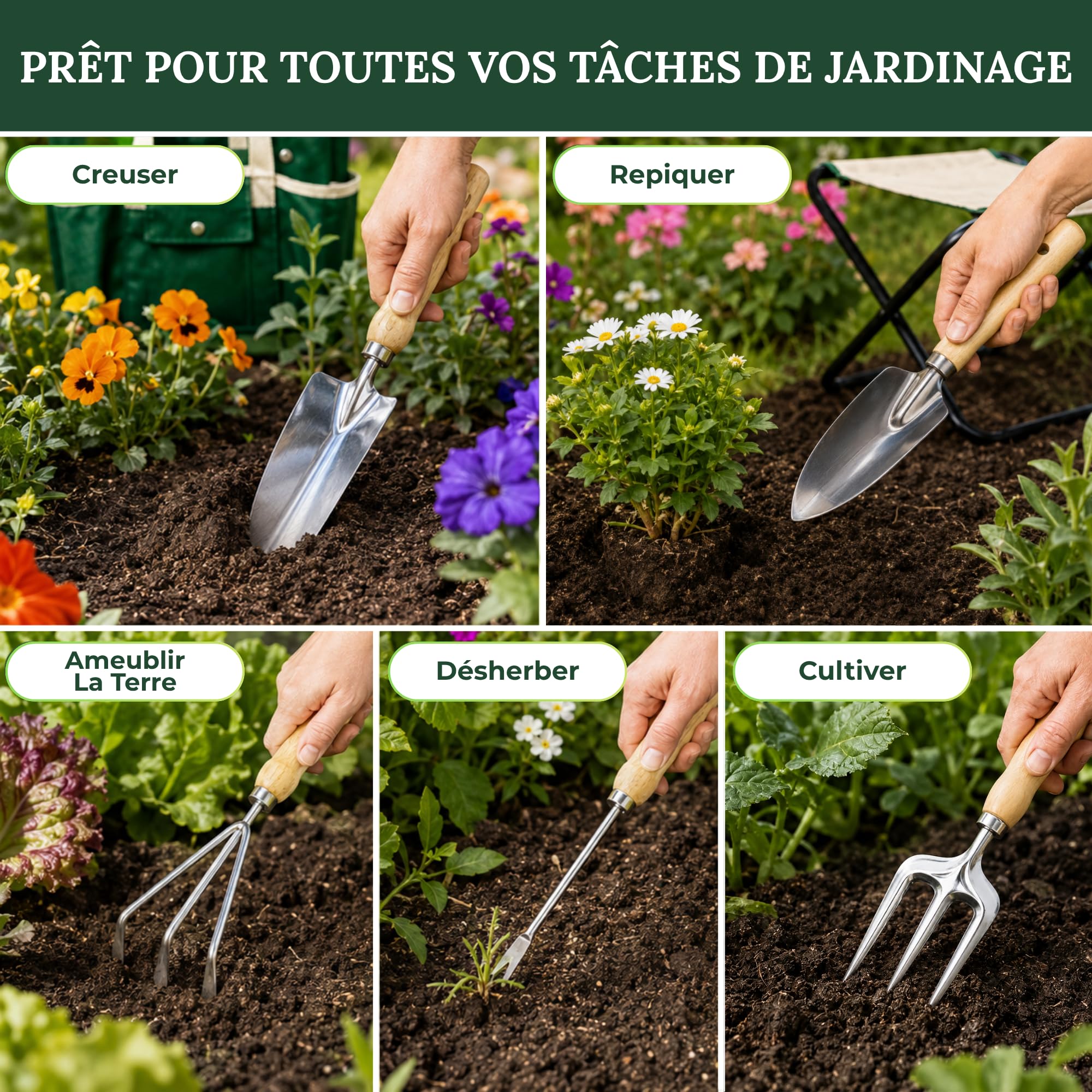 GardenHOME Kit Complet d'Outils de Jardinage - 7 Pièces, Acier Inoxydable Robuste, Tabouret Pliant Solide, Sac à Outils Détachable