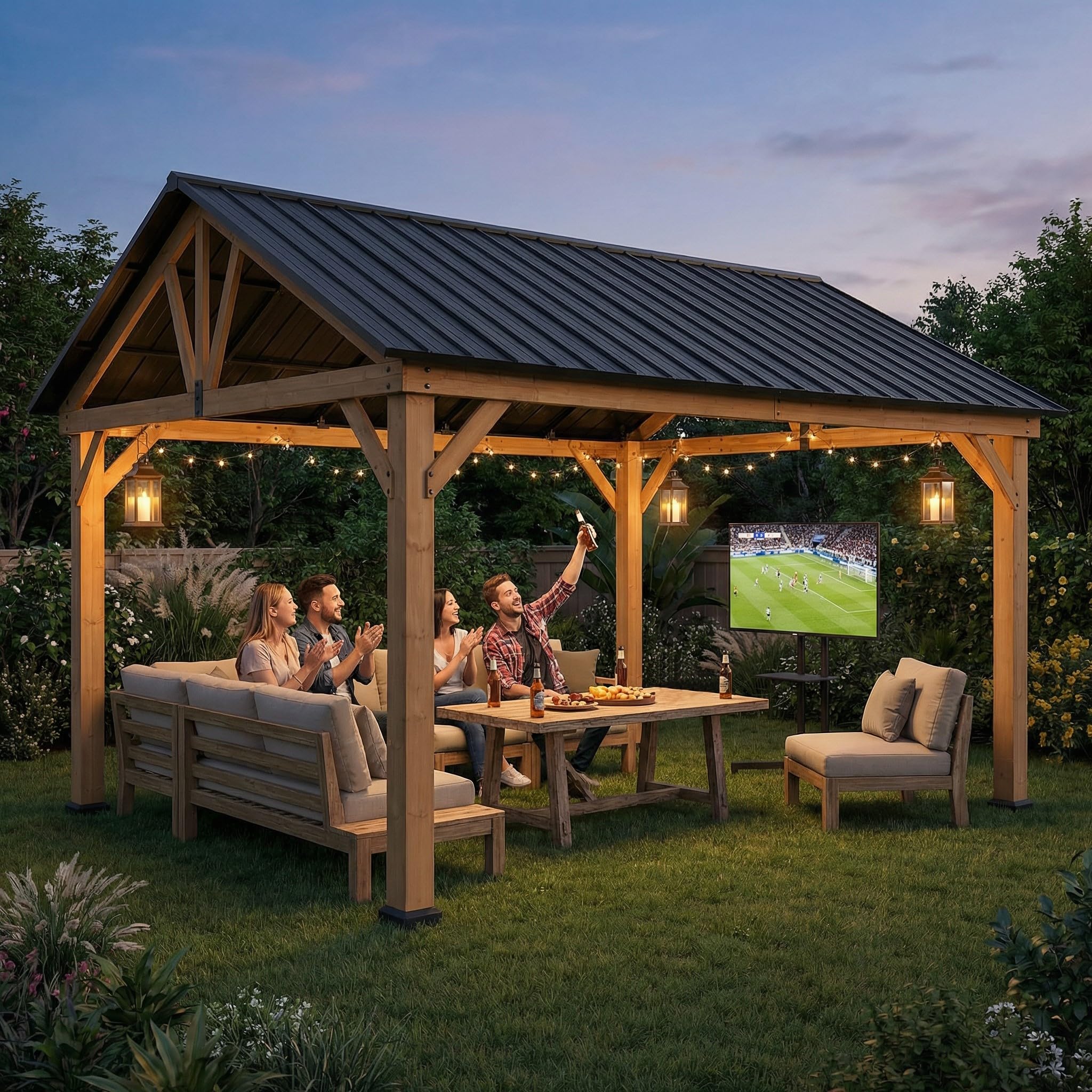 SUNJOY 4x3,36 m Holzpavillon aus Zedernholz wasserdicht, Wind- & schneefest, mit Satteldach aus Stahl, 14 cm starken Pfosten, robuster, dauerhafter Pavillon für Terrasse, Garten