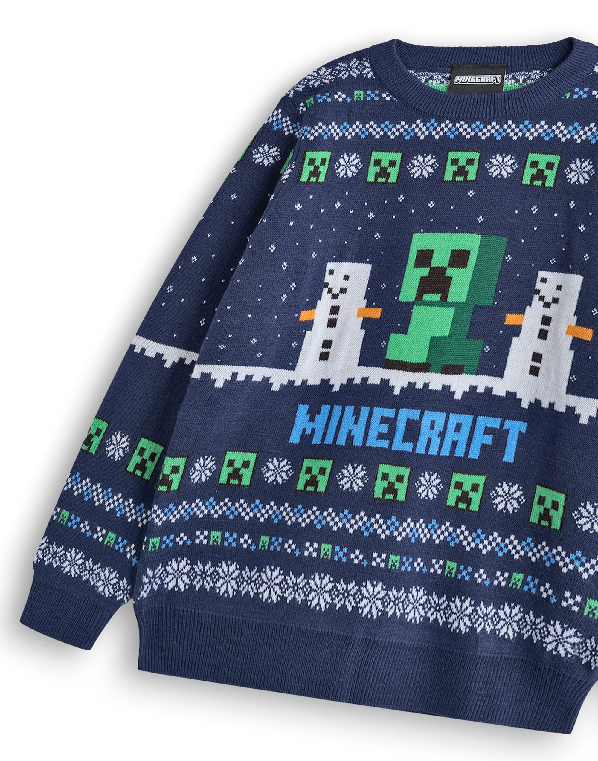 Minecraft Pull de Noël pour garçons | Pull tricoté Graphique avec Personnages Creeper et Snow Golem pour Enfants Bleu | Pull Festif à Motif Selburose pour Enfants avec bonhommes de Neige
