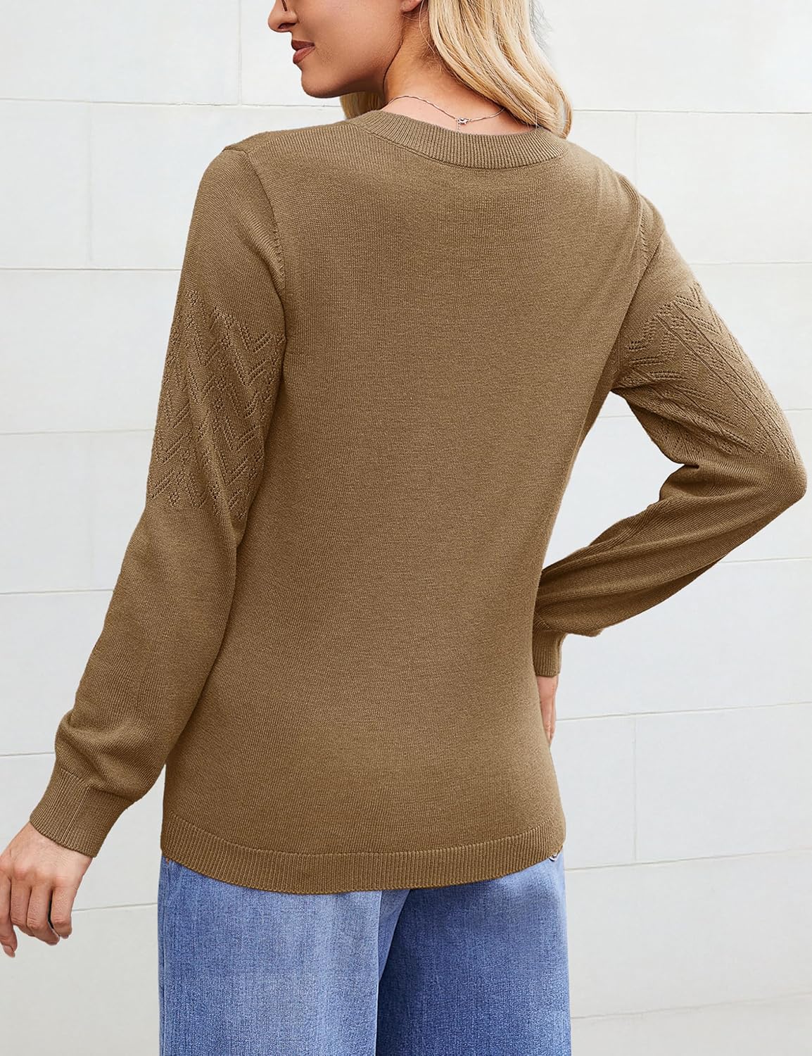 YUCOLEN Women's Wool Hollow Out Sweaters Long Sleeve Crochet Pullover V Neck Sweater Lightweight Knit Tops - Image 4