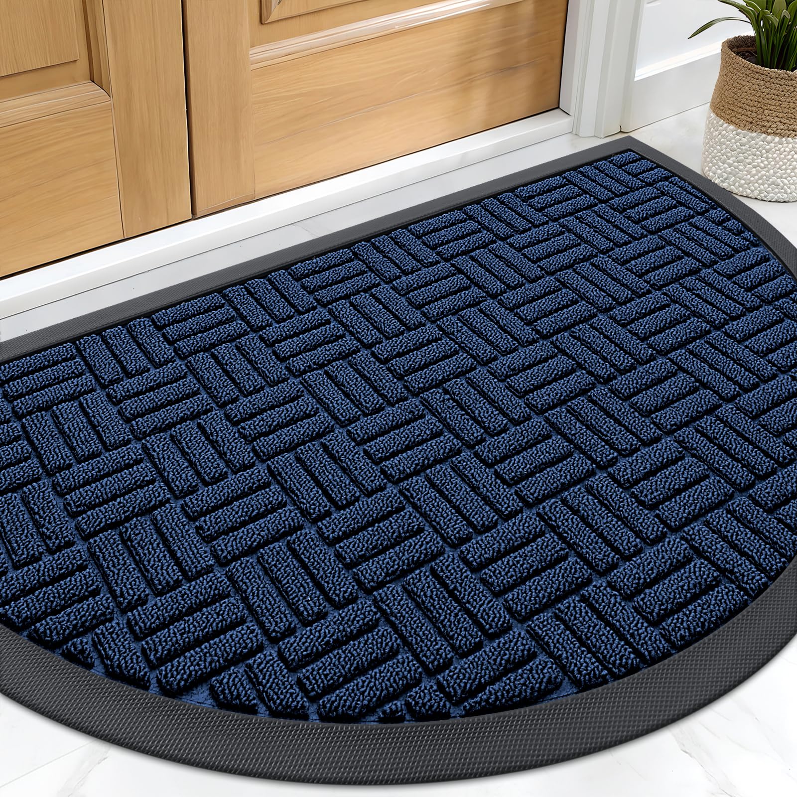 OLANLY Half-Circle Front Door Mat 29.5x17, Heavy-Duty Rubber Doormat | Navy Blue, Absorbent, Stain Fade Resistant, Non-Slip Backing, Low-Profile Indoor Outdoor Floor Mat for Entrance and Entryway