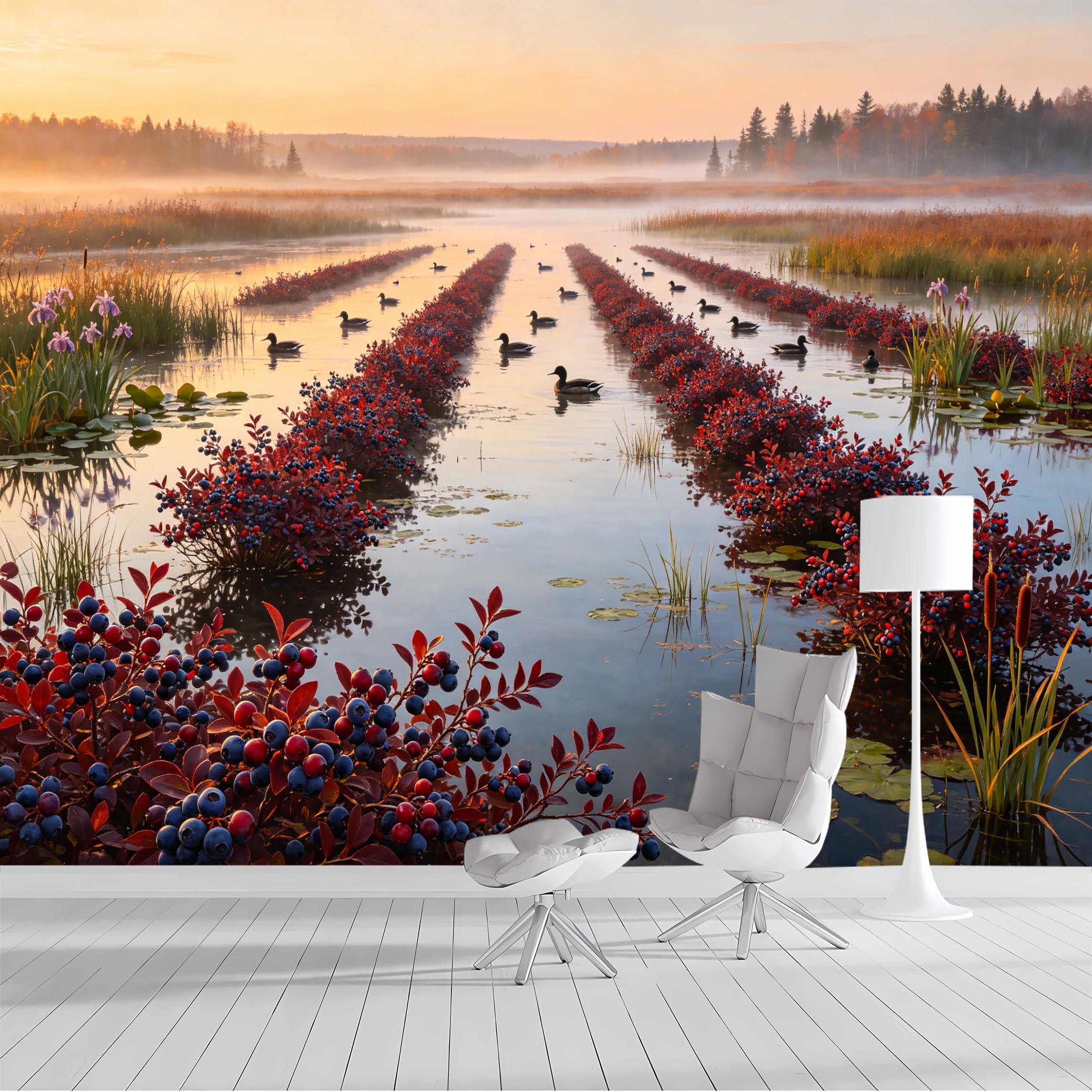 Custom Size Wall Mural Blueberry Field Ducks Morning Mist Landscape Watercolor SelfAdhesive Wall Fabric Removable Peel and Stick Wallpaper Wall Decor for Living Room Bedroom Bathroom