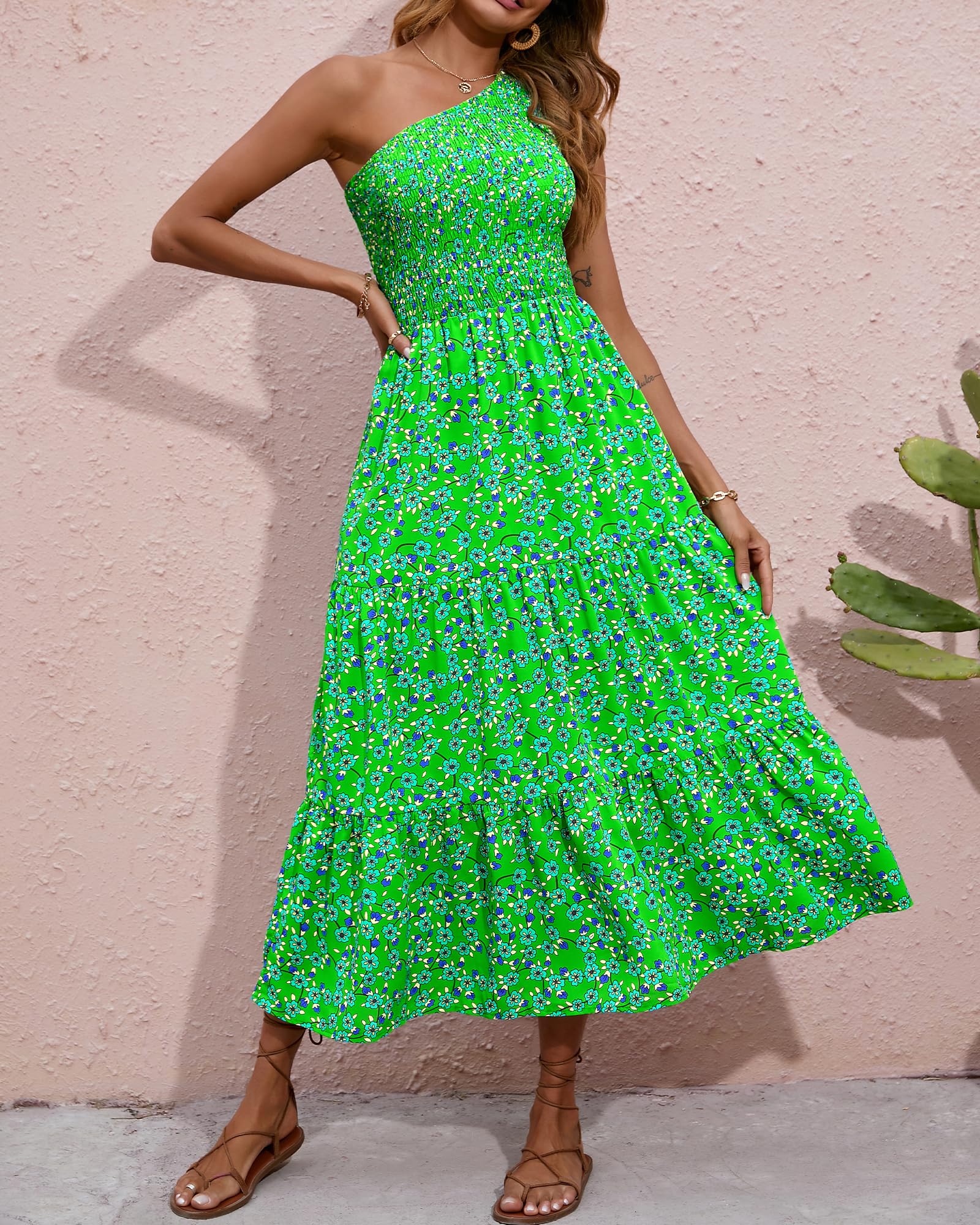 BTFBM 2025 Summer One Shoulder Dresses for Women Casual Sleeveless High Waist Floral Flowy Smocked Boho Beach Maxi Dress