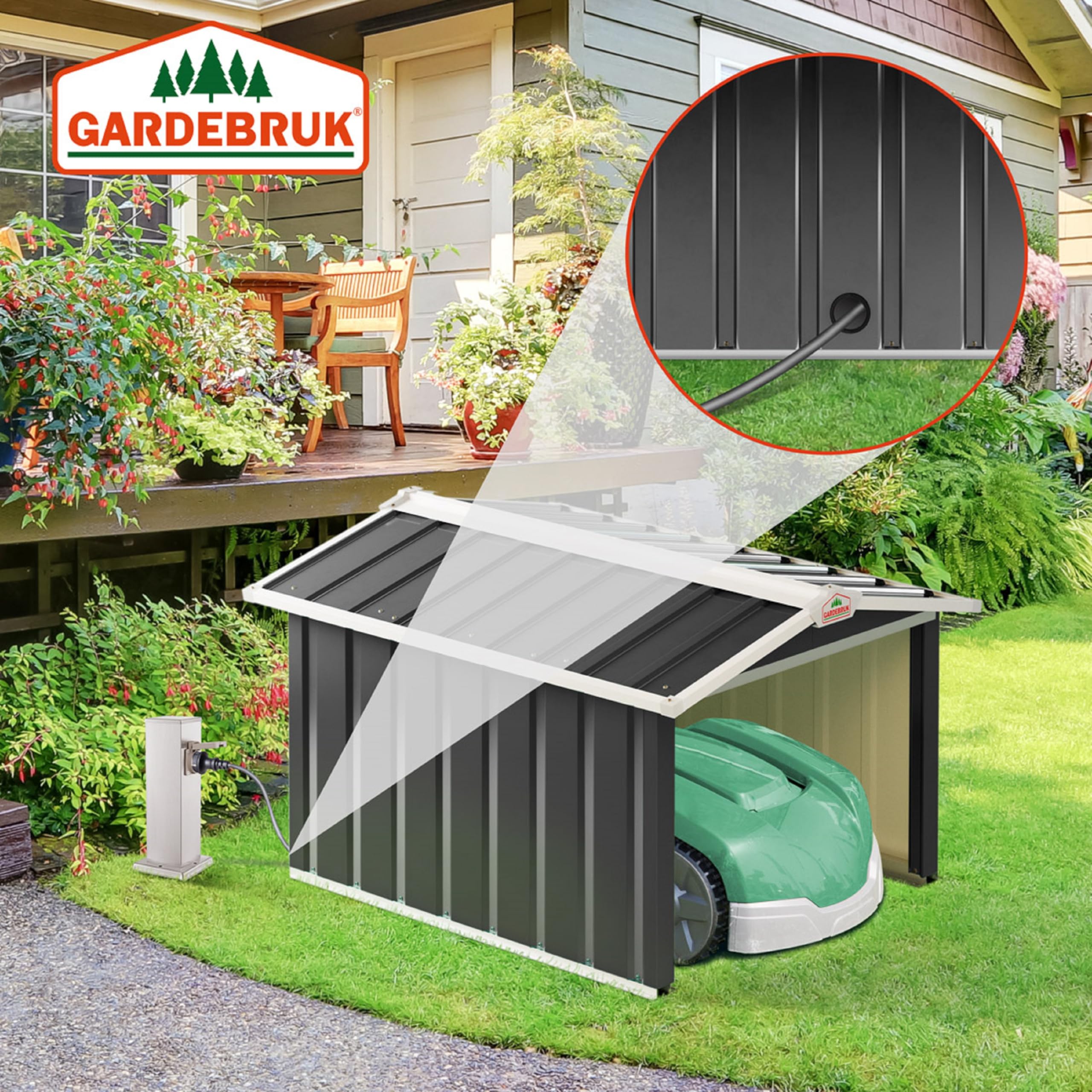GARDEBRUK® Abri Robot Tondeuse 86x100x63cm Toit à 2 pans métal résistant intempéries 4X piquets Terre Garage Outillage carport Jardin Herbe Anthracite