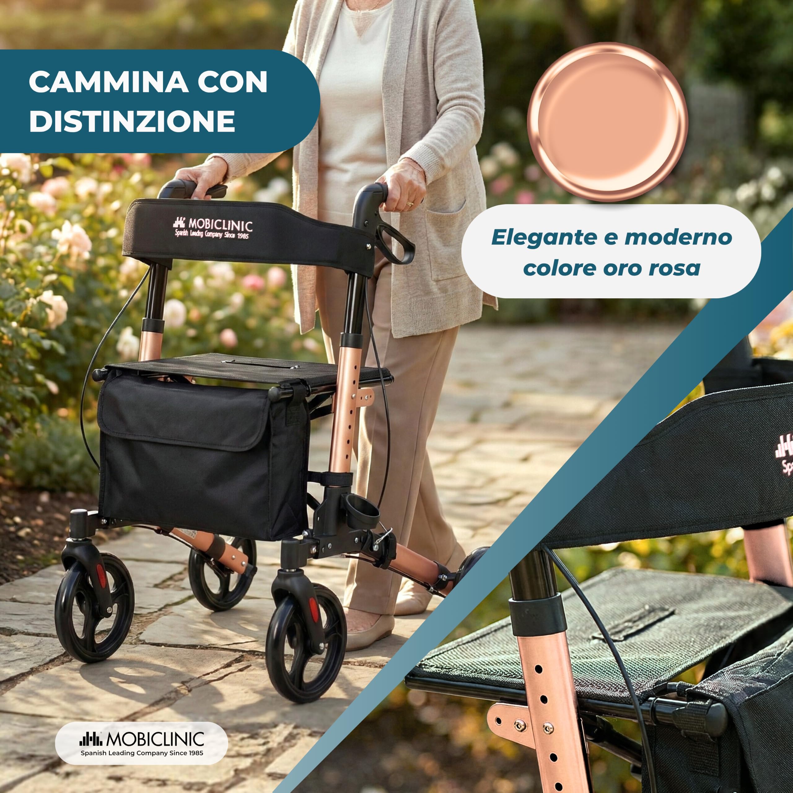 Mobiclinic®, Deambulatore Pieghevole, Seduta e Schienale, Fino a 136 kg, Oro Rosa, Altezza Regolabile, Cestino Portaoggetti, Porta Bastone, Freni e Blocco di Sicurezza, Alluminio, Trajano