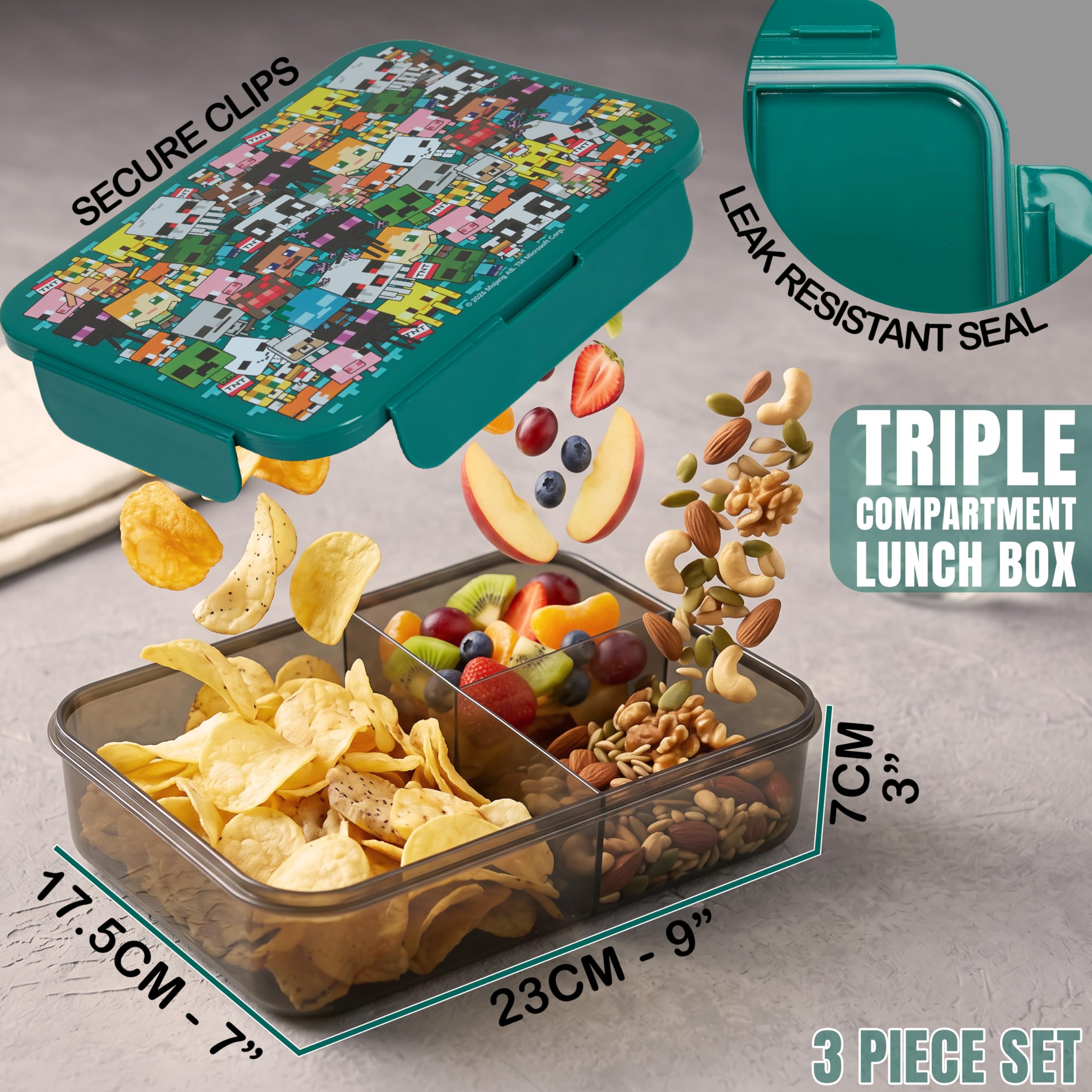 Get Trend Minecraft Zestaw izolowanych toreb na lunch dla dzieci, 3 szt., lekkie pudełko na lunch Bento, 600 ml, bez BPA, ze słomką i torbą chłodzącą, przybory szkolne, prezenty dla chłopców, graczy