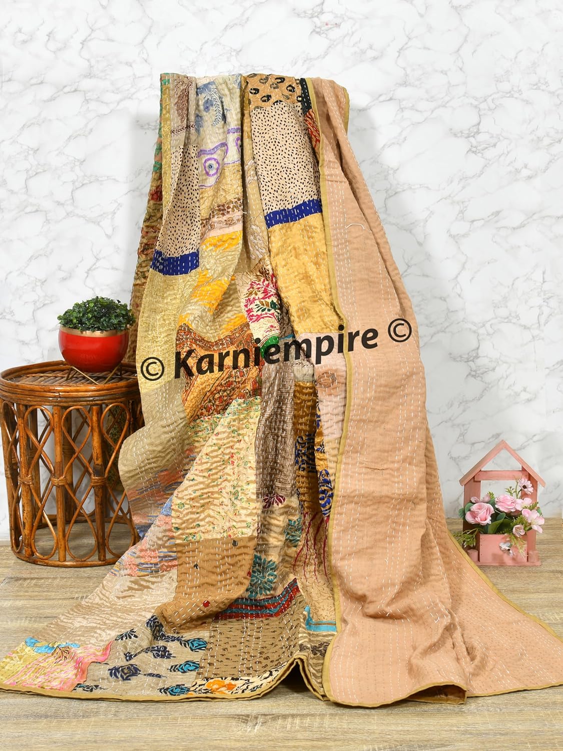 Indian Patchwork Kantha Quilt Throw Handmade Silk Sari Patola Ethnic Reversible Bohemian Bedding Bedspread Vintage Stitched Boho Gudri Blanket Bed Sofa Cover Decorative (Twin [60"X90"], Beige)