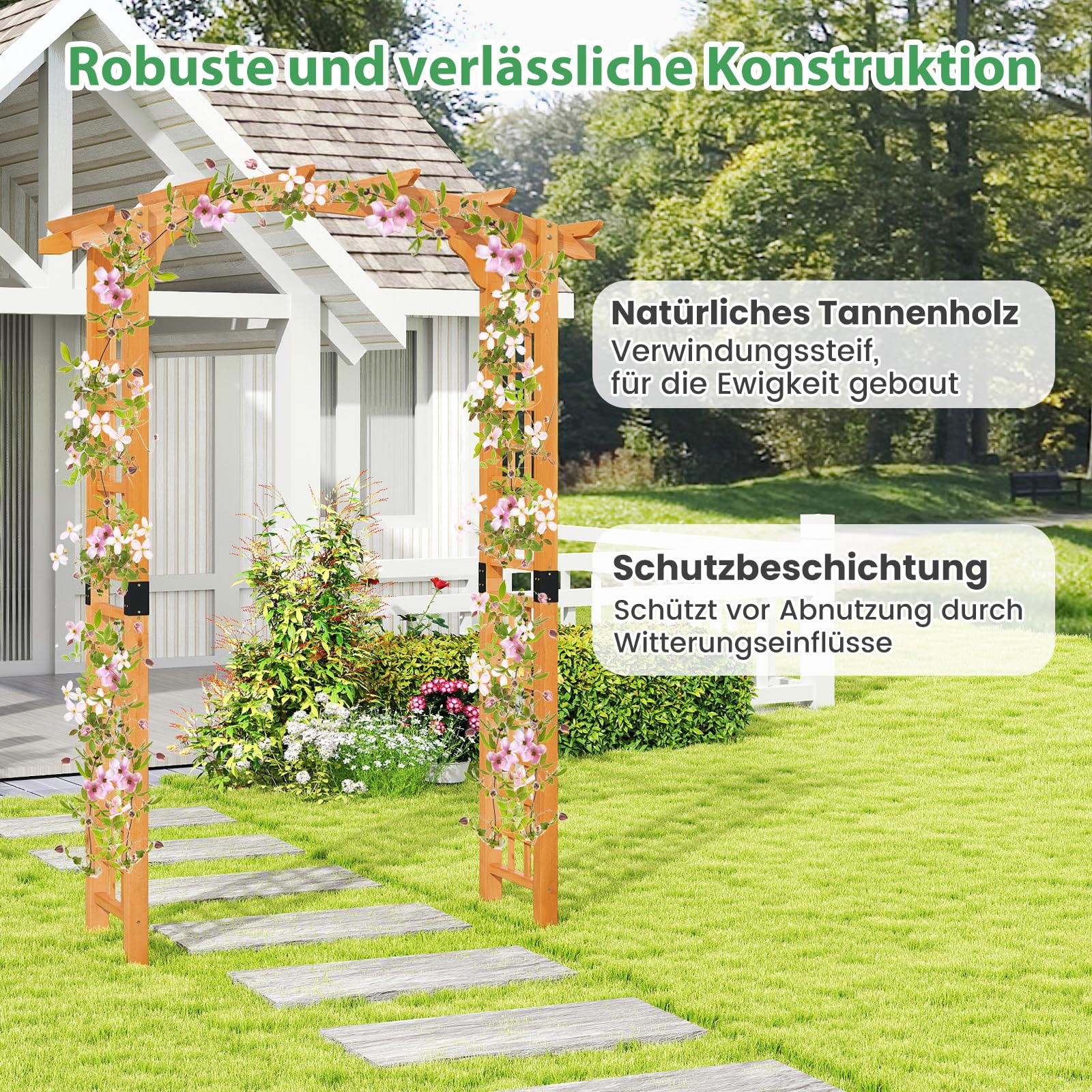 GOPLUS Rosenbogen Holz, Torbogen mit mit Spalieren & erweitertem Dach, Gartenbogen Pergola Rankhilfe für Kletterpflanzen, Hochzeitsbogen Rankbogen für Garten, Hochzeiten & Partys (160 x 60 x 229 cm)