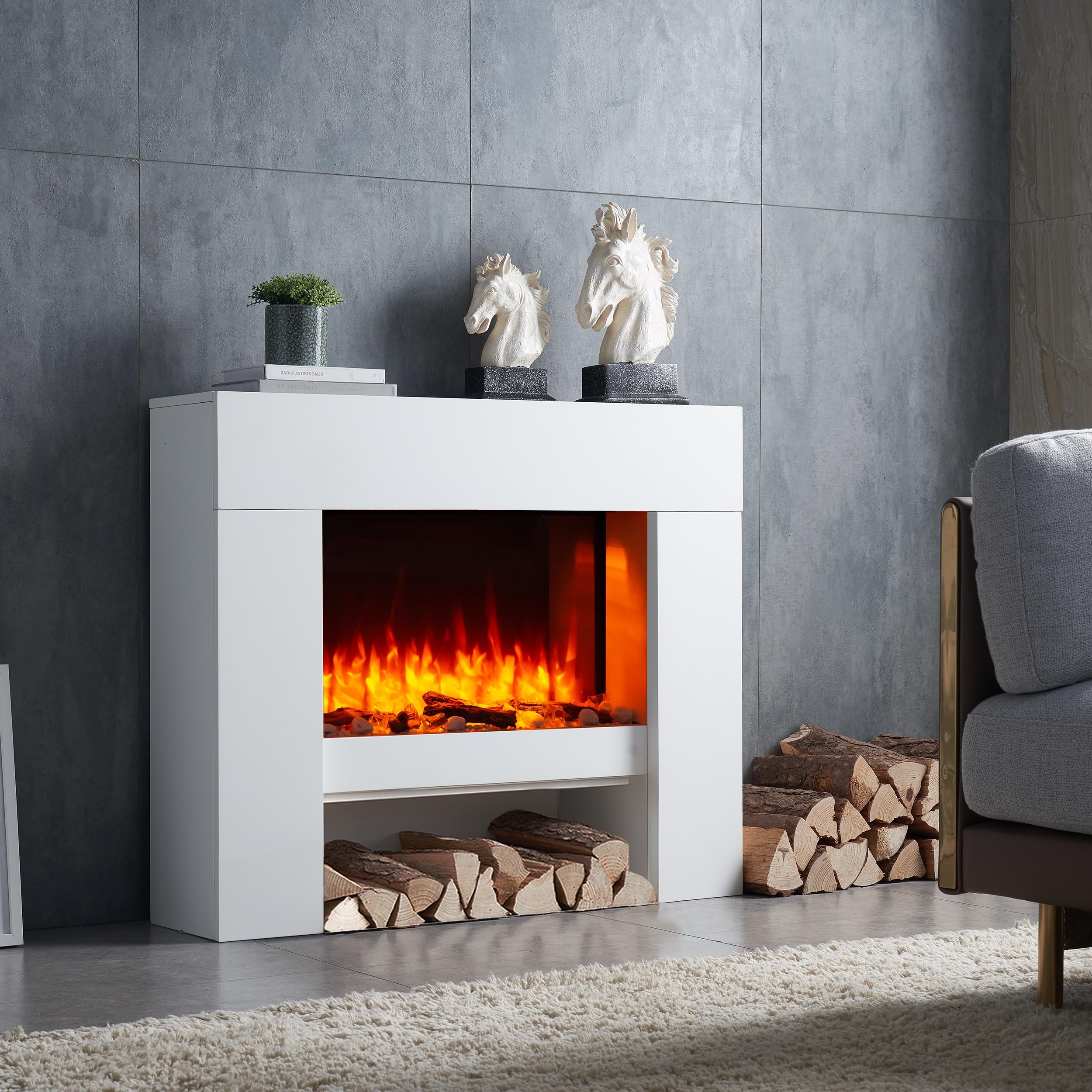 RICHEN camino elettrico da terra Naran | Caminetto da pavimento con vano decorativo | Riscaldamento elettrico 2000 W| Effetto fiamma 3D | Focolare con telecomando, timer, termostato | Bianco