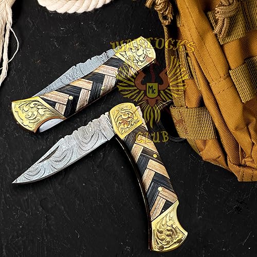 Miniatura 4 de WARLOCKS CLUB Cuchillo de bolsillo de Damasco hecho a mano con funda, cuchillo de caza plegable de 7 pulgadas con mango de madera, pequeño cuchillo