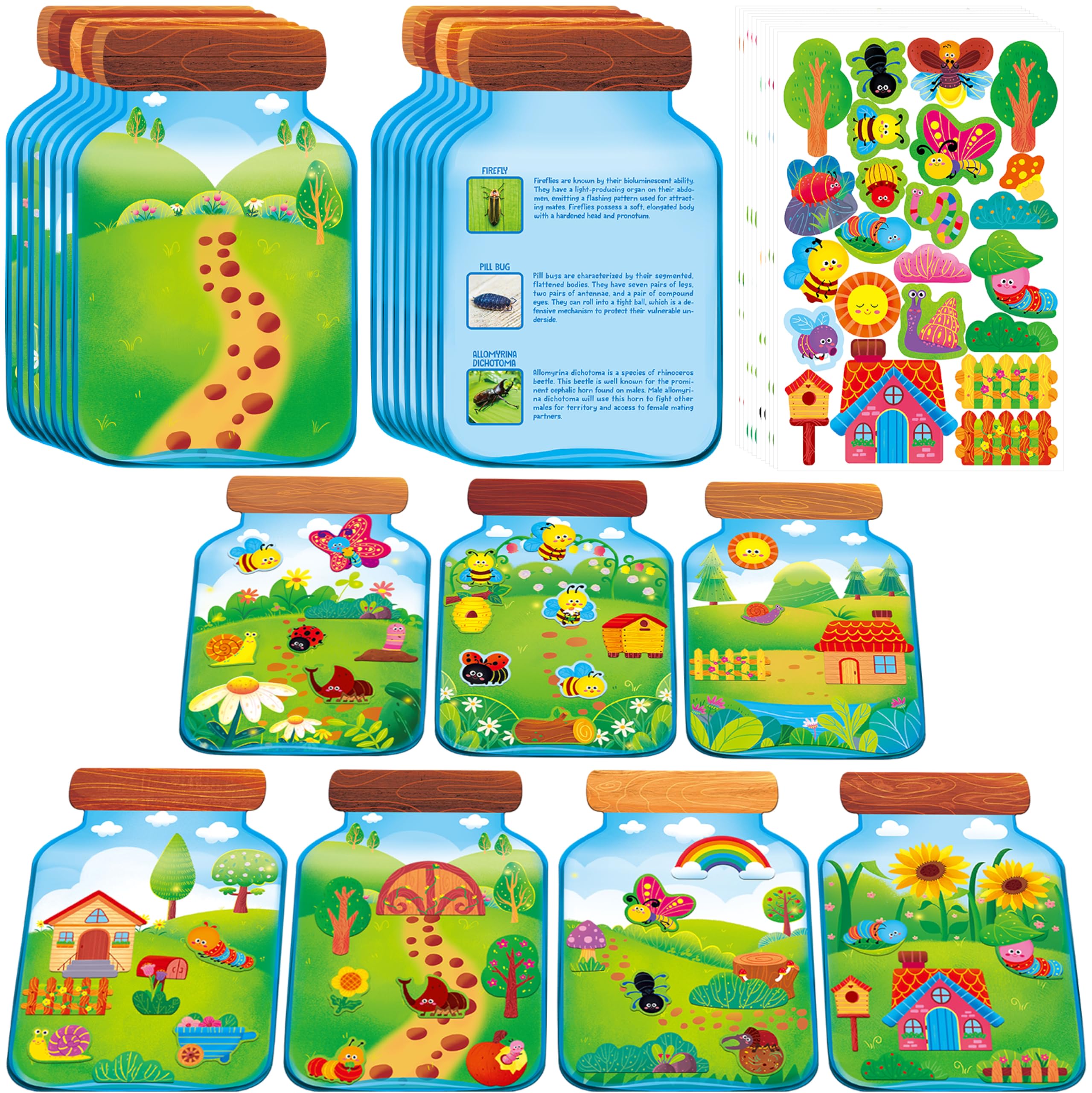 216 Insect Stickers 14 Bug Jar Scenes, Nature Insect Scene with Bee/Butterfly/Ladybug, Make Your Own Bug Jars DIY Activity for Toddlers, Kids, Boys & Girls