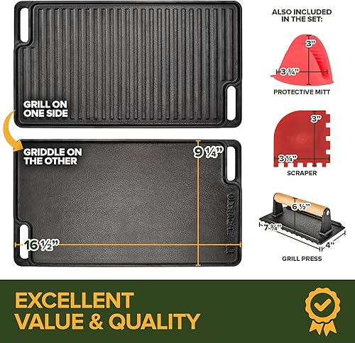 Miniatura 2 de Juego combinado reversible de plancha de hierro fundido + guantes protectores, prensa de parrilla y raspador, estufa de gas pre-sazonada para