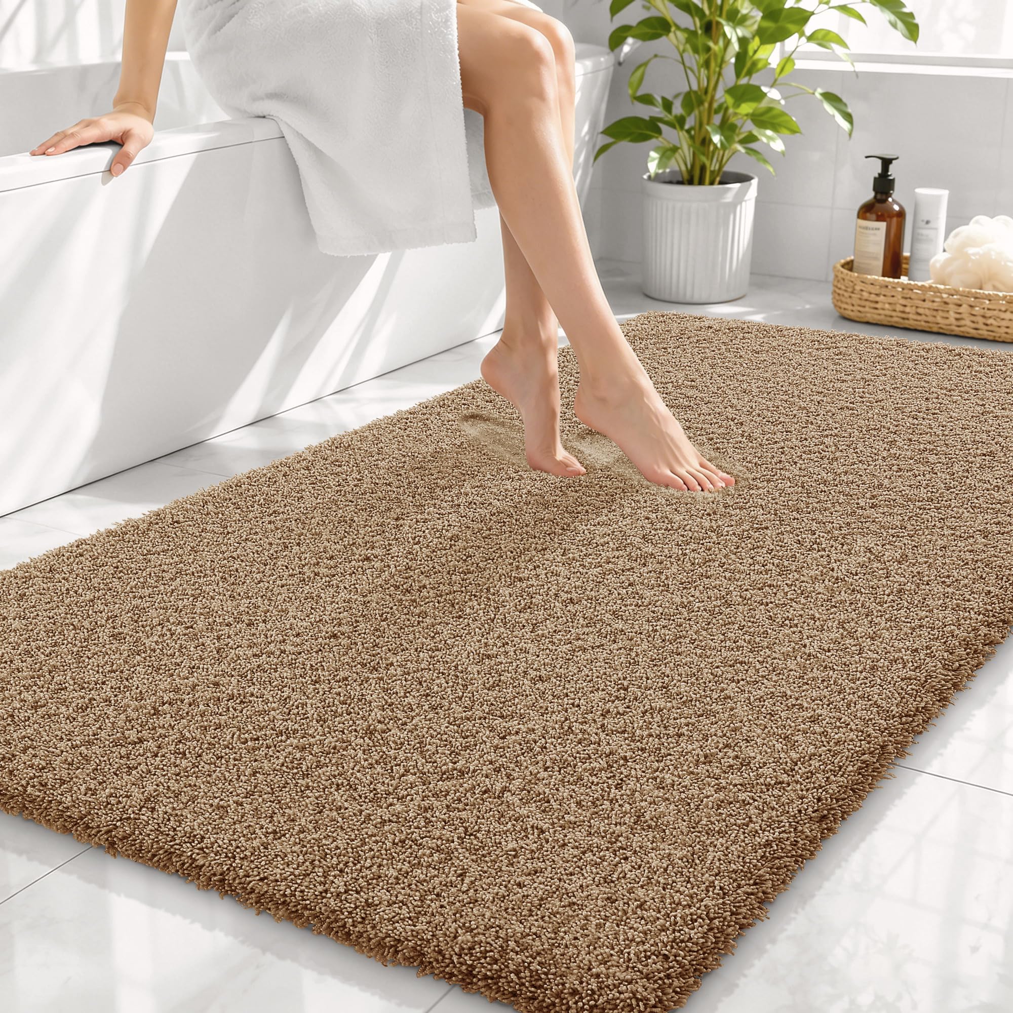 OLANLY Microfiber Large Bathroom Rugs 44x32, Soft Bath Mat, Dark Beige
