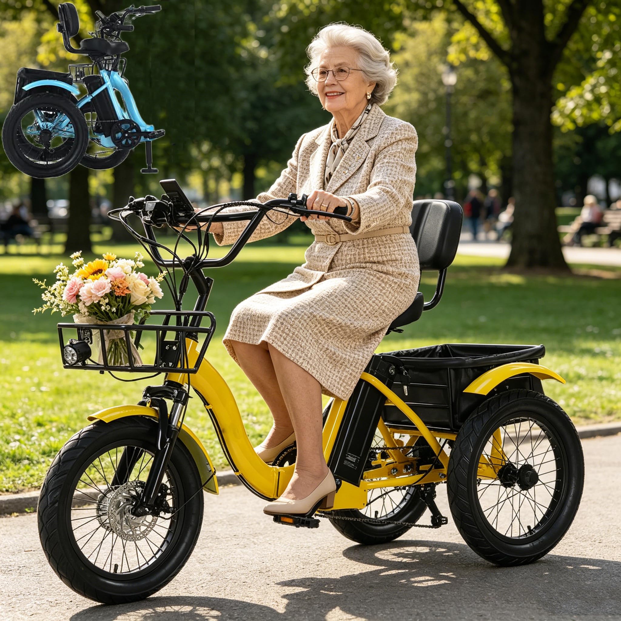 LISTaRSw Adult Electric Tricycle 18-inch Folding Electric Trike with Large Capacity Basket, 18"X3.0"Fat Tire E- Trike, LCD-Display, 48V 13Ah Lithium Battery - 44km Range Yellow