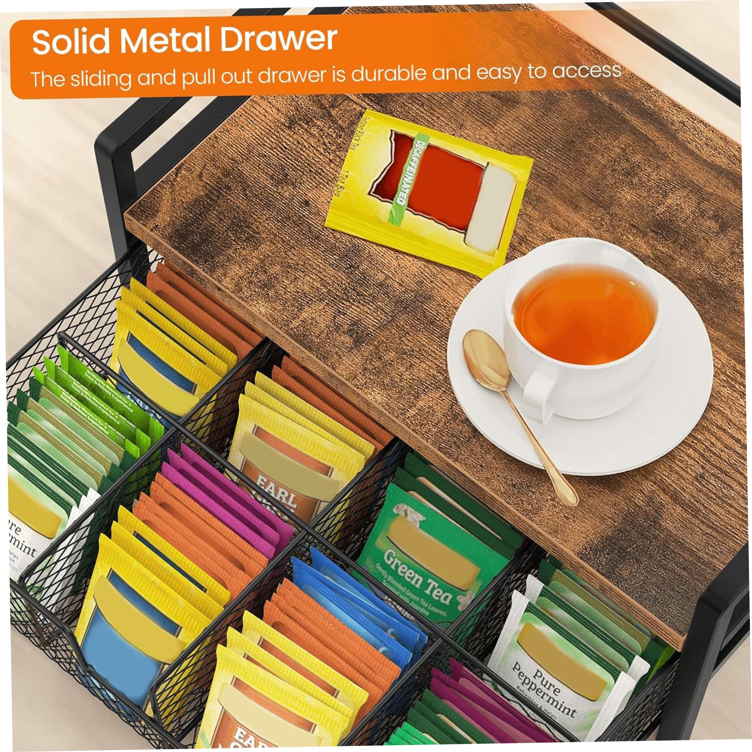 Kaffeestation-Organizer, 2-stöckige Teebeutel-Aufbewahrung mit ausziehbarer Schublade, Küchenarbeitsplatte für Pads und Teebeutel – Tigerholz und Schwarz, Kaffeestation-Organizer