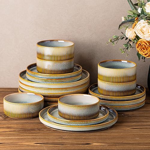 Miniatura 19 de TheTerra Juego de vajilla de cerámica para 4, juego de 12 platos y cuencos ligeros de porcelana, resistente a los arañazos, apto para horno, Neblina