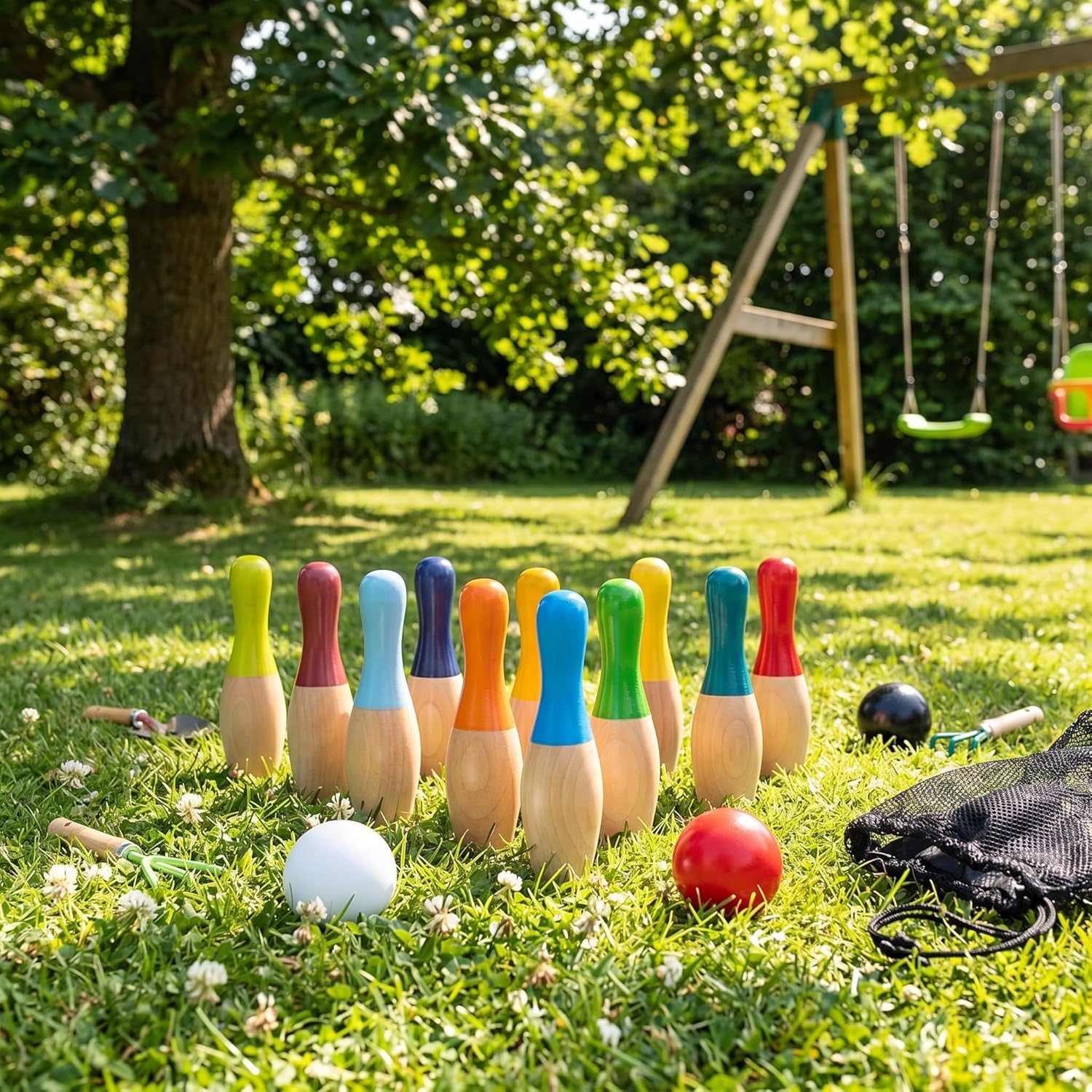 Lawn Bowling Games Wooden Backyard Yard Game Set with 10 Pins 3 Balls and Mesh Bag for Kids Adults Indoor Outdoor