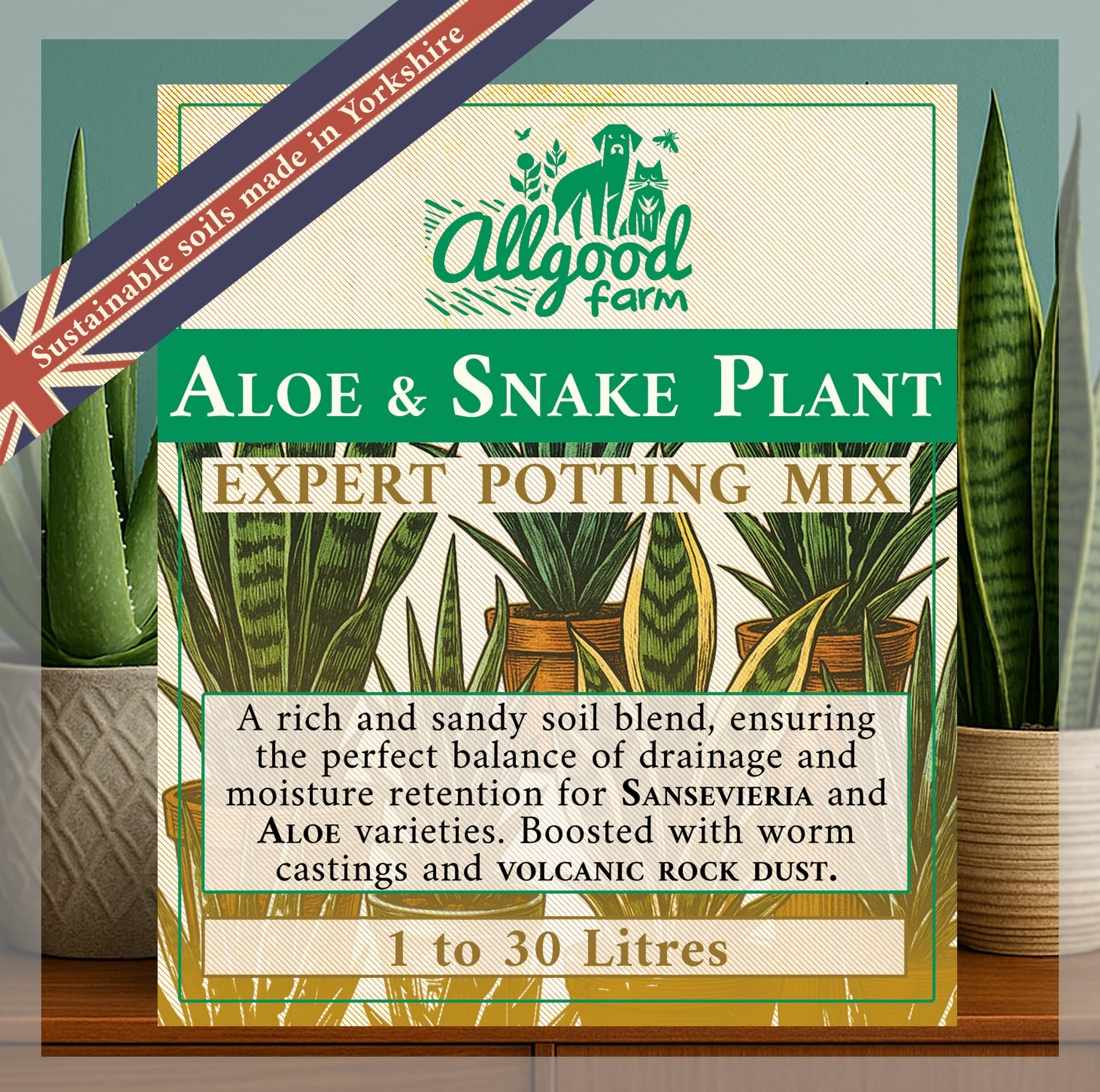 Allgood Farm Aloe & Snake Plant Soil - Expert Potting Soil Mix for Sansevieria, Aloe Vera, Mother-in-Law's Tongue (1 Litre)