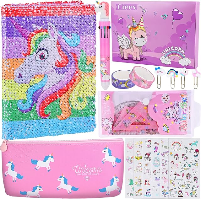 Cieex Unicorn Gifts for Girls, Unicorn Stationery Set, Unicorn Sequin Notebook, Pencil Case, 10 Colors Ballpoint Pen, Bookmark, Washi Tape, Ruler, Present for Girls Age 5 6 7 8 9 10 Years