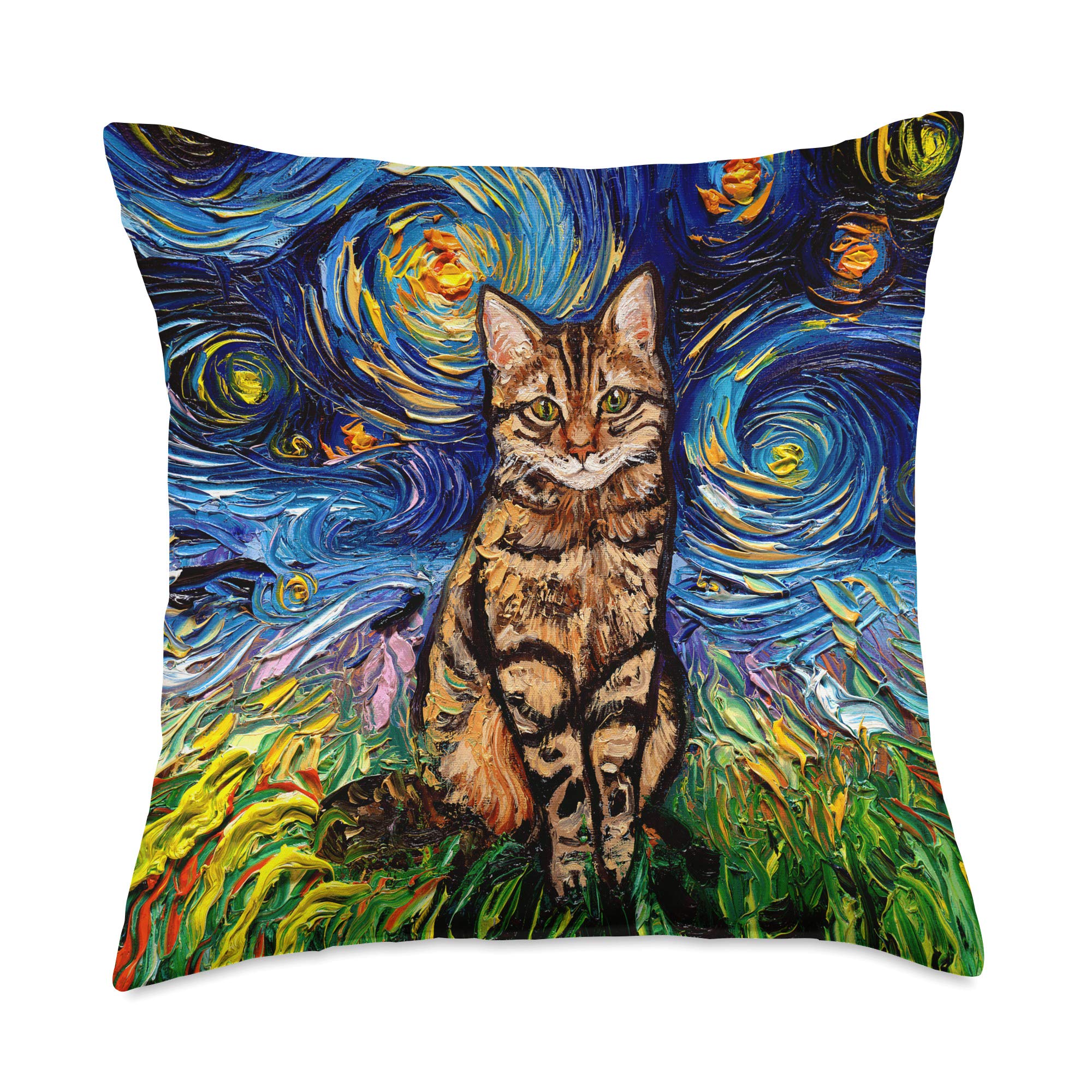 Brown Tabby Cat Starry Night Impressionist Animal Art by Aja Throw Pillow