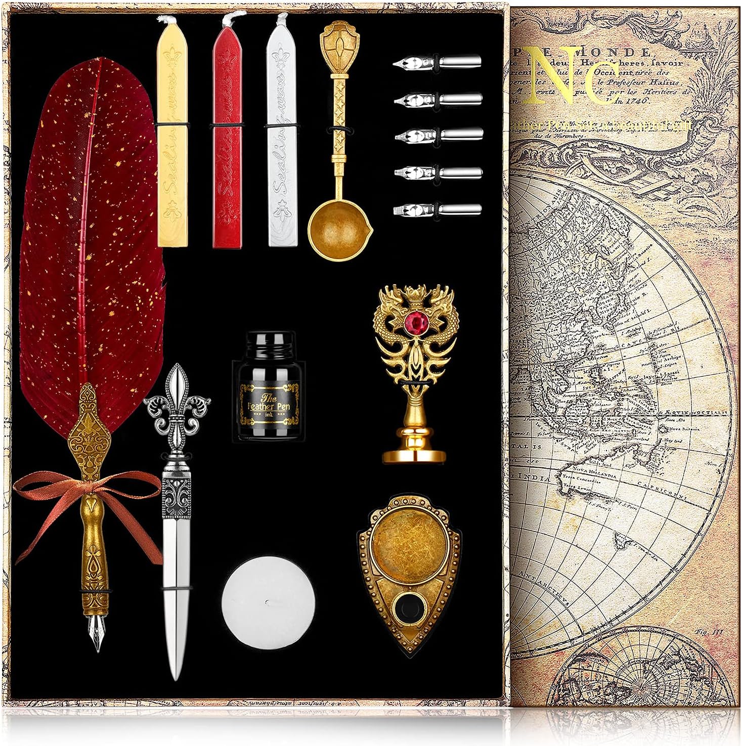 Upgraded Wax Seal Stamp Kit,Quill Pen ink Set Includes Feather Dip Pen,Ink,5 Replacement Nibs,3 Wax Seal Sticks,Pen Nib Base,Seal Stamp, White Wax,Spoon,Envelope Letter Paper, Envelope Tool（Red）