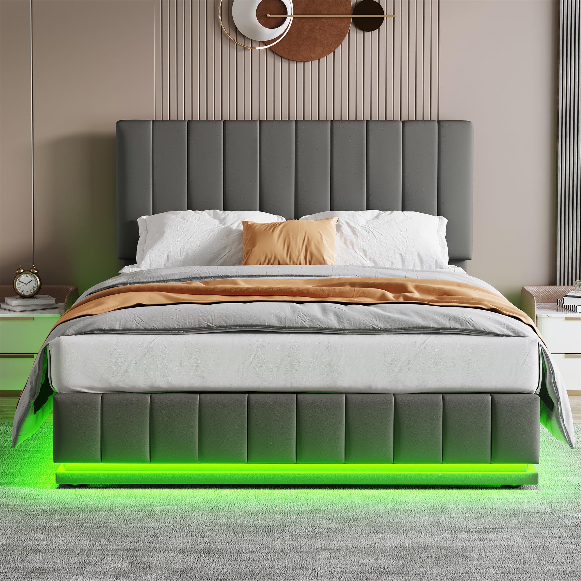 5ft King Size Bed Frame with Hydraulic Lift & Adjustable Channel Tufted Headboard, PU Leather Functional Upholstered Ottoman Bed with LED Lighting, Gas Lift Beds with Storage & Wooden Slats, Grey