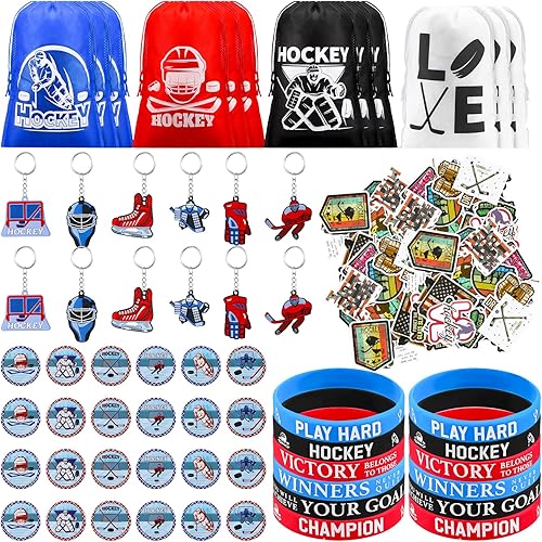 Berlune 220 piezas de recuerdos de fiesta de hockey incluyen llavero de hockey bolsa con cordón de silicona, pulsera de silicona, insignia de botón,