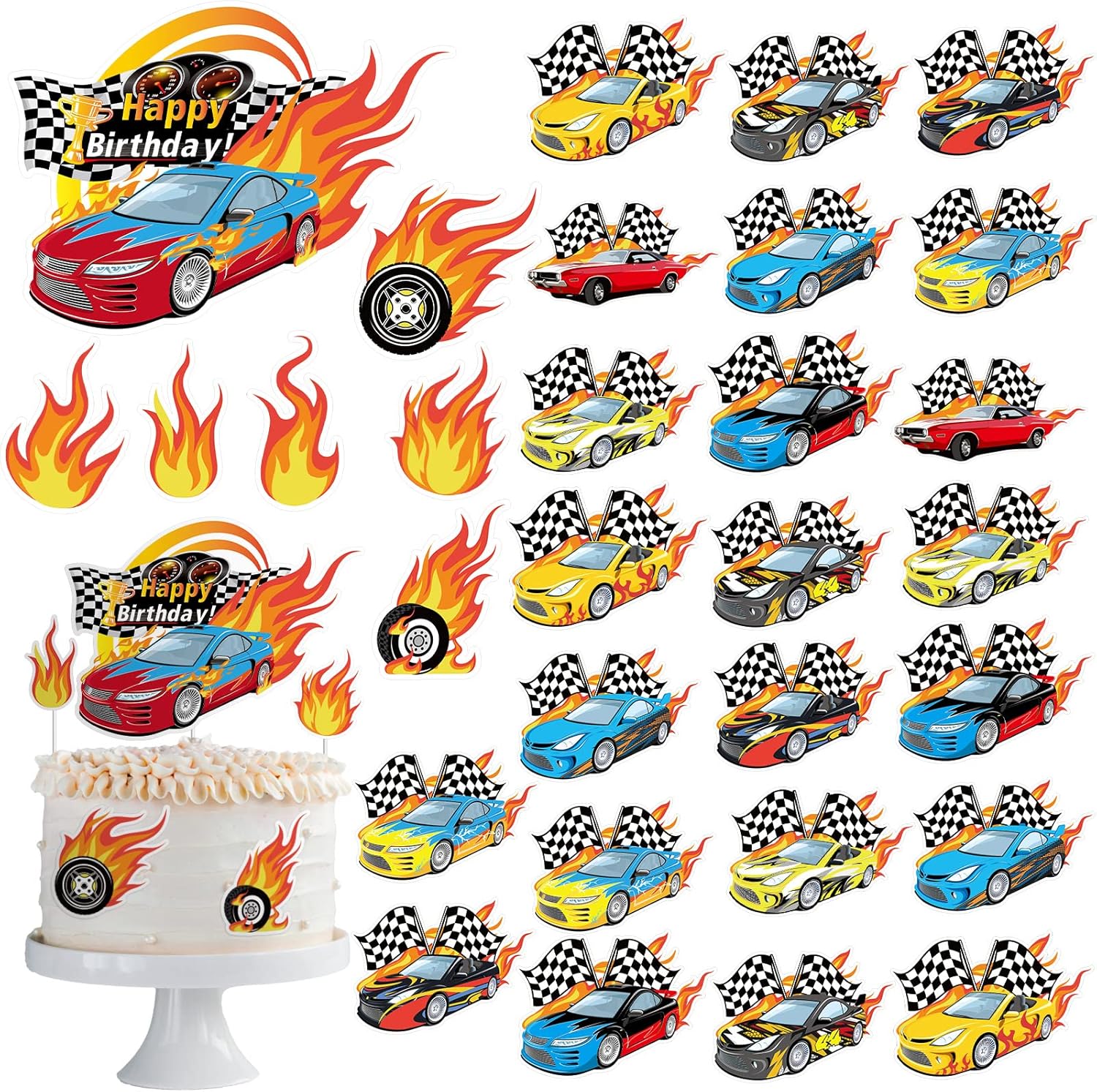 55 Pcs Race Car Cupcake Toppers Hot Happy Birthday Cake Wheels Toppers Checkered Flag Fire Car Theme Party Decoration for Boy Girl DIY Decorations
