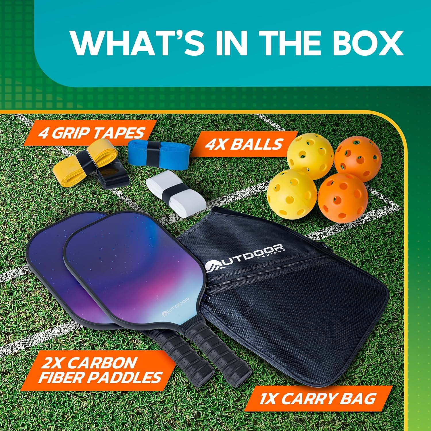 Outdoor Cruiser Pickleball Paddle Set – USAPA Approved, Premium Fiberglass Paddles with Lightweight Shock-Absorbing Grip, Includes 2 Rackets, 4 Balls, Grip Tapes, and Sling Carry Bag