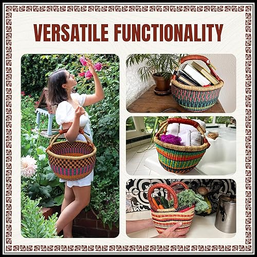 Miniatura 5 de Africa Heartwood Project - Cesta africana colorida de lujo con asas de cuero - Hecho a mano de hierba de elefante seca, tejida a mano por mujeres en