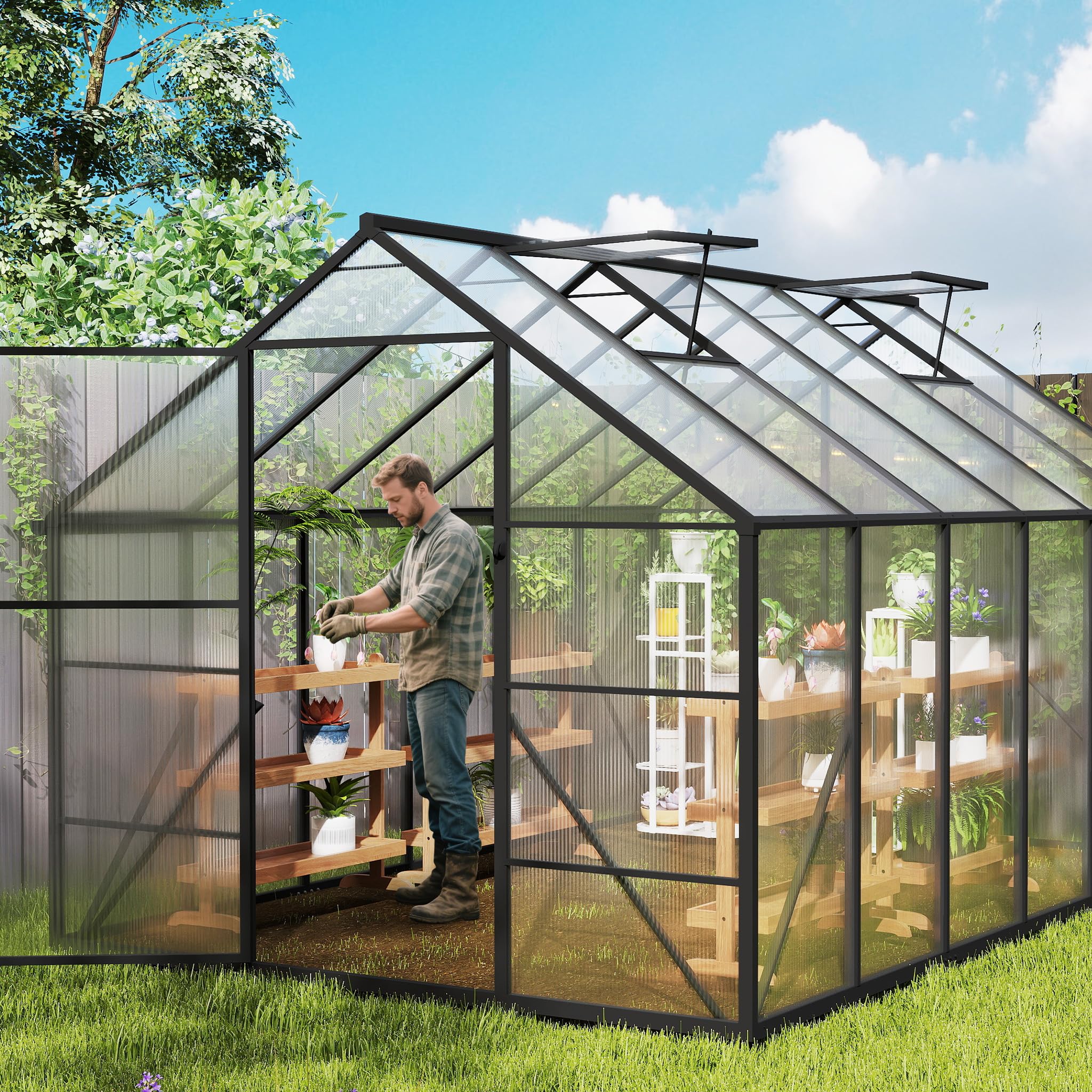 NAIZY, serra da giardino 380x250x205 cm con ancoraggio a terra e pellicola di base da 6 cm, serra in policarbonato da 580 g e 4 mm con struttura in alluminio, serra per pomodori e coltivazione