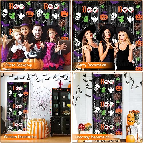 Miniatura 6 de Serpentinas de fondo de fotos de Halloween de color negro, paquete de 2 cortinas de flecos de aluminio de 3.3 x 6.6 pies para fiestas, cumpleaños,