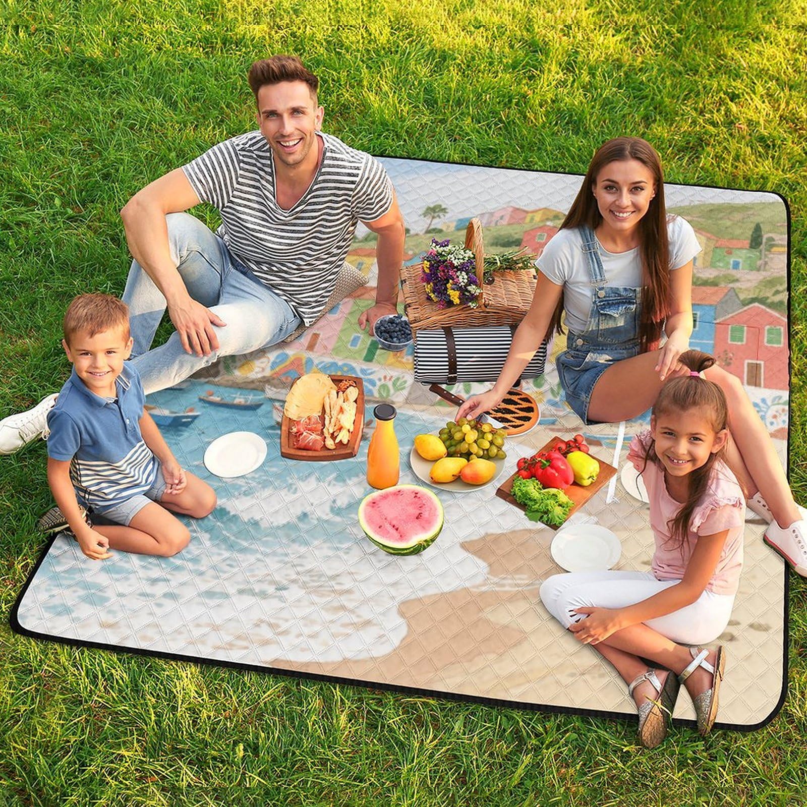 Tappetino da spiaggia con stampa di città colorata, portatile, extra large, adatto per viaggi, escursioni, festival musicali, prati, spiagge, picnic all'aperto