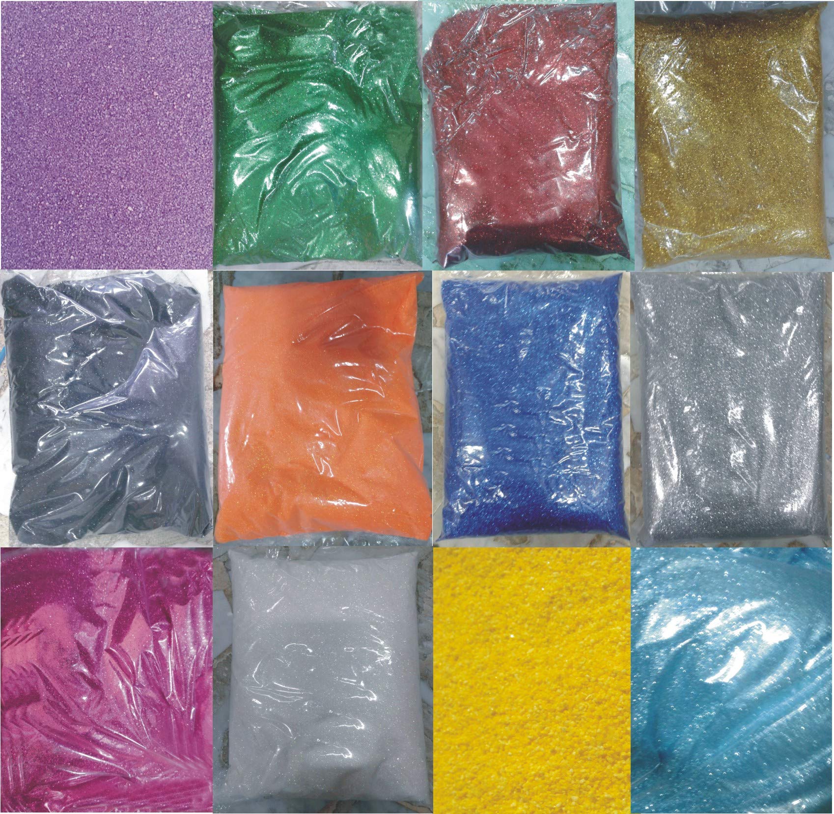 SABBIA COLORATA BUSTE DA 1 KG. ORO, BIANCO, NERO, ROSSO, VERDE, ARANCIONE, FUCSIA, GIALLO, VIOLA, AZZURRO, BLU