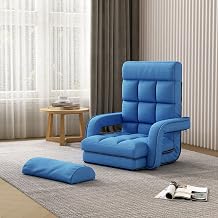 TOBBI Folding Chaise Lounge with Armrest and Pillow, Indoor Lazy Floor Sofa Bed, 7-Position Adjustable, Gaming Chair for Living Room Bedroom Office, Blue
