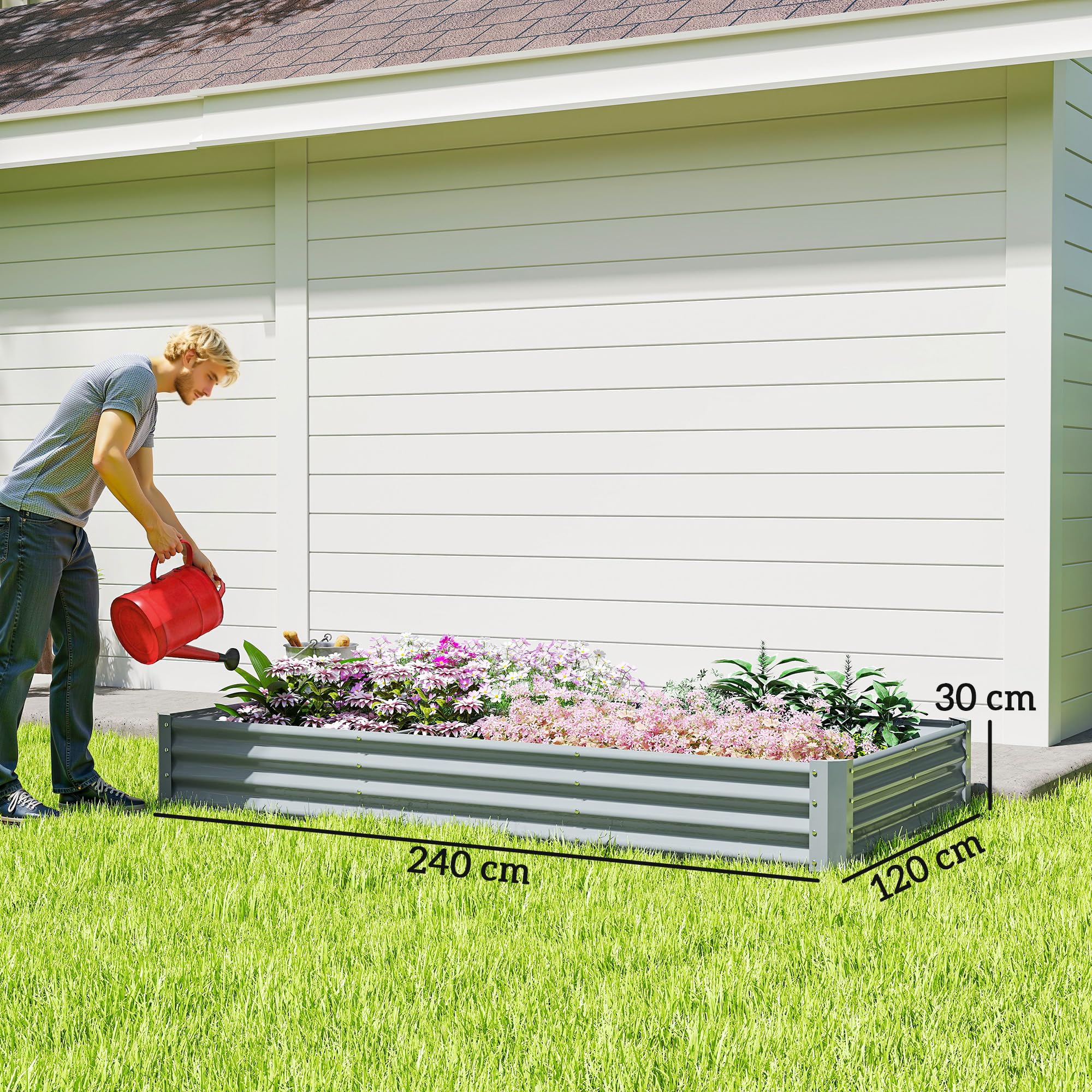 Outsunny Carré Potager rectangulaire, lit de Jardin surélevé en Acier galvanisé, Fond Ouvert, jardinière avec Bord Anti-Coupure Barres de Soutien, 240 x 120 x 30 cm, Gris argenté