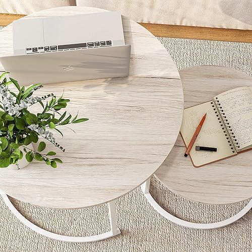 Miniatura 53 de HOJINLINERO Juego de 2 mesas de centro redondas para sala de estar, mesa de centro pequeña negra, mesa de estar, mesas anidables con marco de metal,