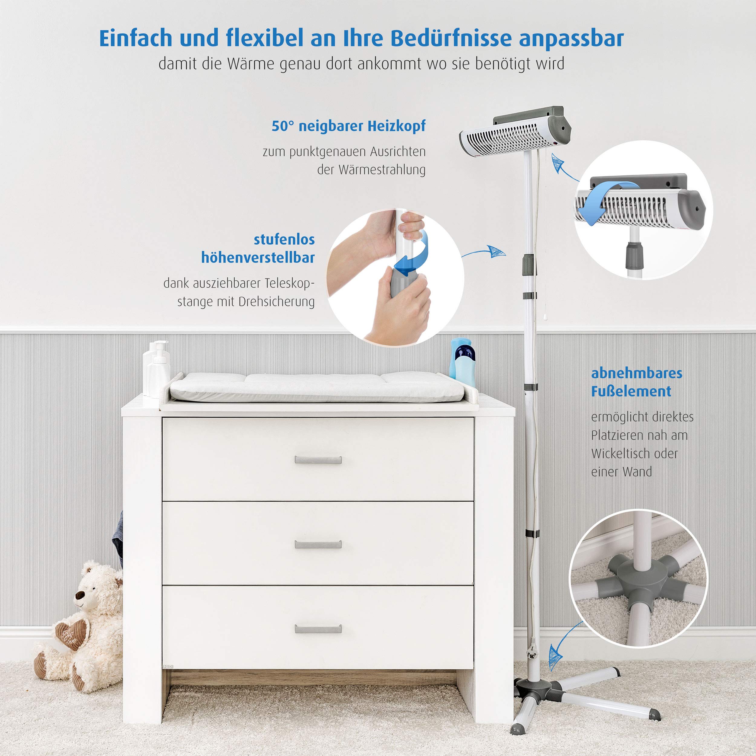 Reer EasyHeat Flex fasciatoio riscaldatore radiante con supporto lampada riscaldante per bambini design compatto 1 pezzo (1 confezione) bianco, 230V/500W