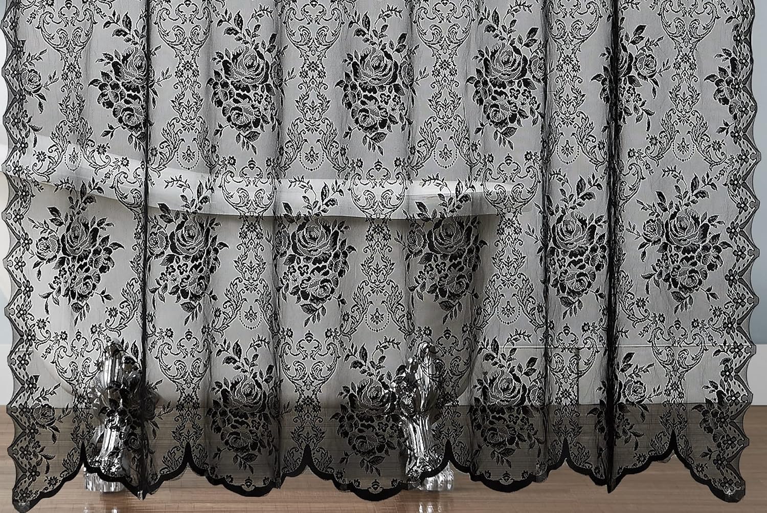 Warm Home Designs Black Lace Shower Curtain 72 x 84 Inches with Attached Valance & 7 Tassels. Luxury Farmhouse Shower Curtains for The Bathroom or Boho Shower Curtains for Bathroom. LA Black 84"