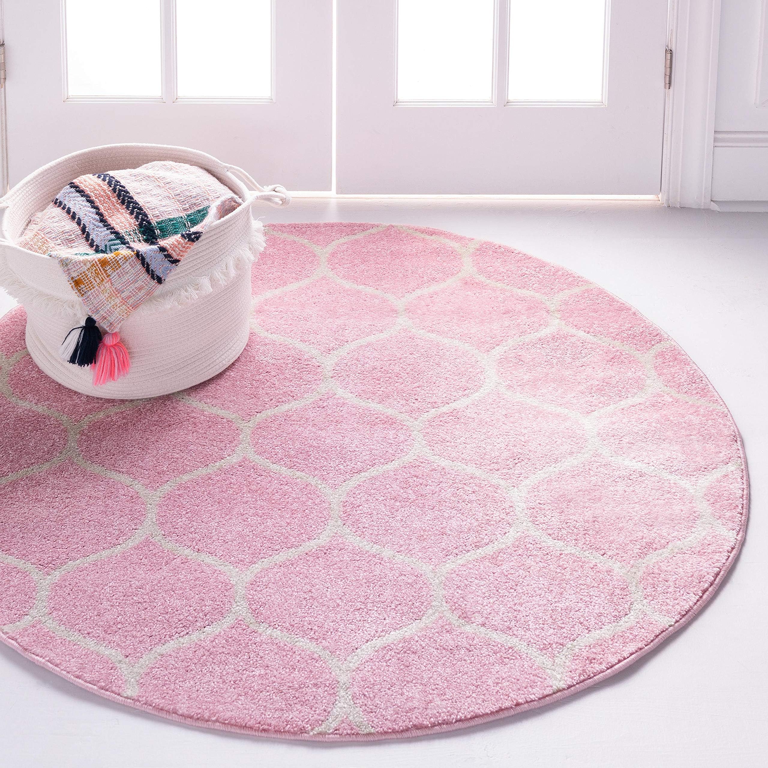 Unique Loom Trellis Frieze Collection Area Rug-Modern Morroccan Inspired Geometric Lattice Design, 5 ft 0 x 5 ft 0 Round, Pink/Ivory