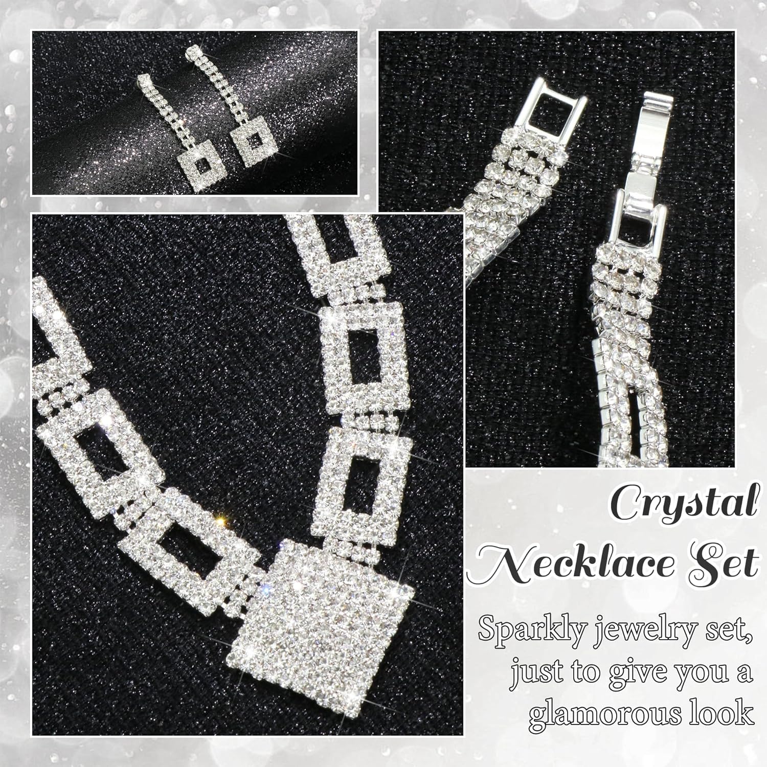 Rhinestone Jewelry Set Necklace Bracelet Earrings Set Sparkly Necklace Dangle Earrings Prom Formal Costume Jewelry Sets for Women and Brides - Image 4
