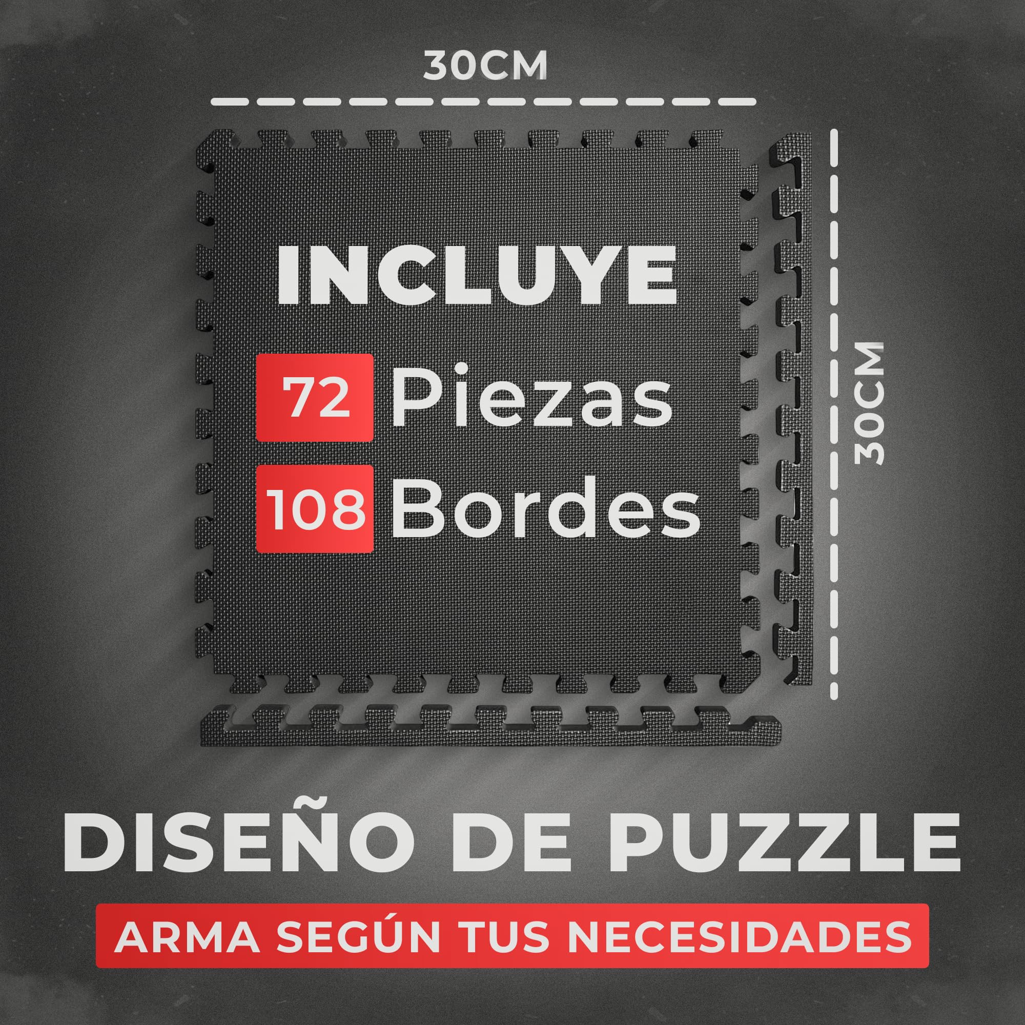 JUPPLIES - Suelo Gimnasio 30x30x1cm - Esterilla Puzzle Fitness de Goma para Suelo - Alfombra Protectora para Gimnasio en Casa - Tatami en Puzzle (Negro, 72 Piezas)