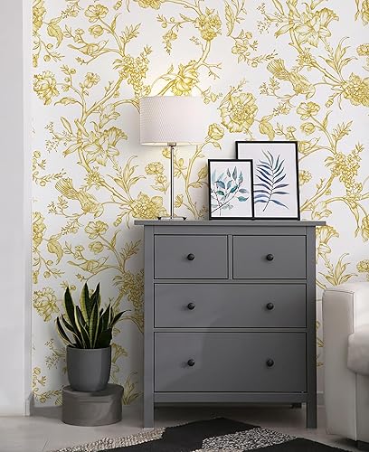 Miniatura 5 de Safiyya Papel tapiz dorado y blanco de 393 x 17.3 pulgadas, papel de contacto con pájaros florales, papel tapiz autoadhesivo dorado extraíble para