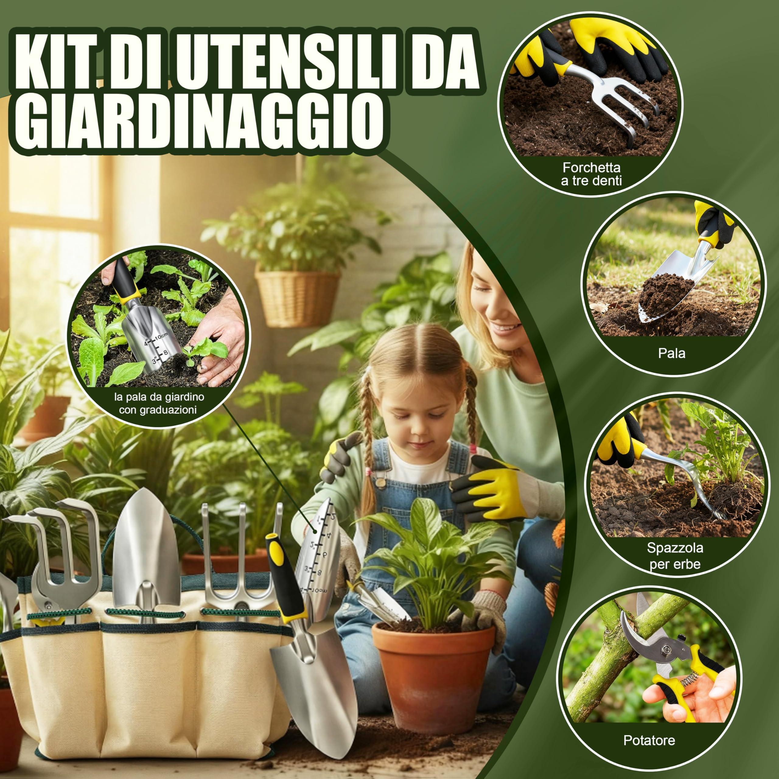 Attrezzi Giardinaggio,8 Pezzi in Acciaio Inox Pesante Kit,Professionali Robusti Attrezzi per Piantare Uomo/Donna Set Di Attrezzi Da Giardinaggio
