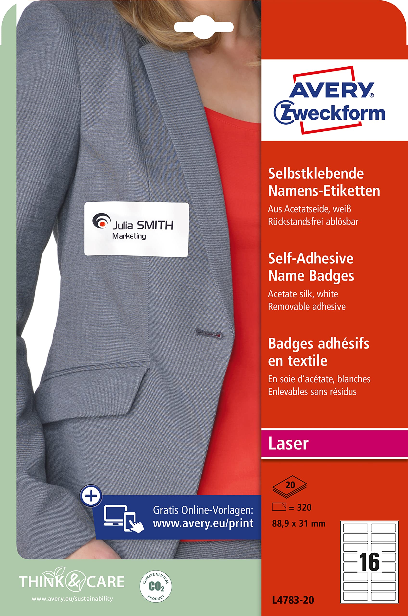 Avery Zweckform l4783–20 Nom Étiquettes, 88,9 x 31 mm, 20 feuille/320 Etiquettes Blanc